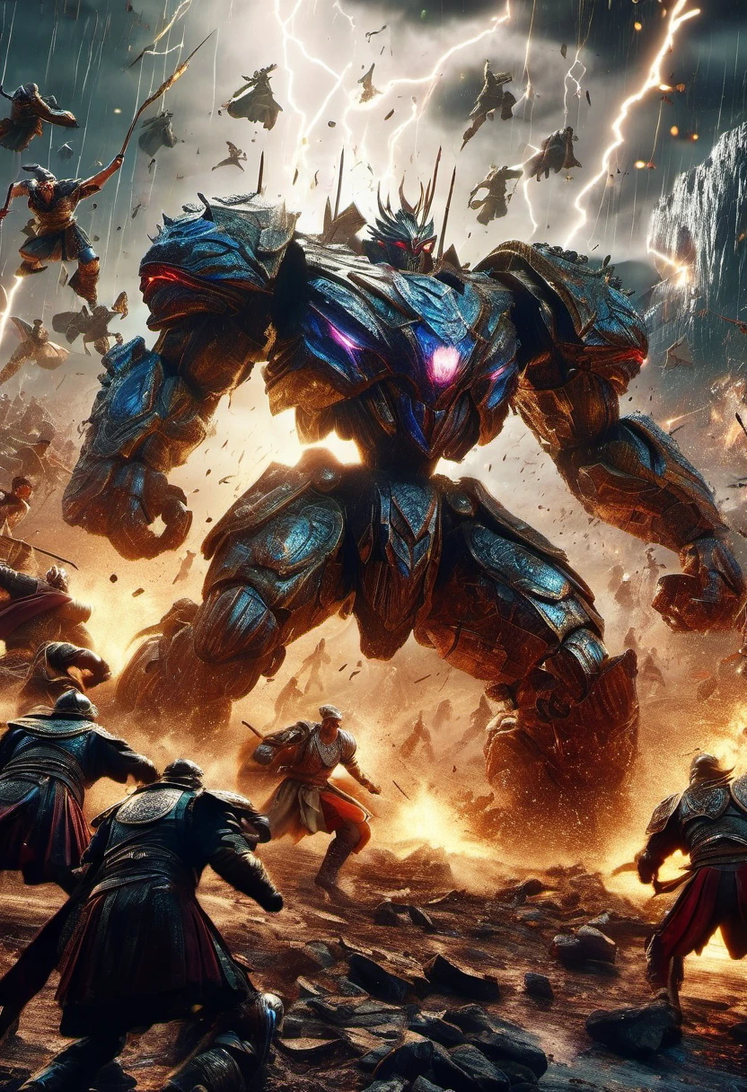 (best quality,4k,8k,highres,masterpiece:1.2),ultra-detailed,(realistic,photorealistic,photo-realistic:1.37),epic battle,majestic warriors,fierce confrontation,momentous clash,grand finale,explosive action,exhilarating fight,agonizing struggle,dynamic poses,adrenaline-fueled combat,stunning visuals,vibrant colors,impressive attention to detail,awe-inspiring battle scene,giant war machines,glistening armor,glimmering weapons,magical powers,spellbinding special effects,massive explosions,crumbling ruins,scorched earth,torrential rain,streaks of lightning,dark storm clouds,ominous atmosphere,dynamic lighting,expressive facial features,determined expressions,powerful emotions,mind-blowing suspense,high-stakes scenario,tense atmosphere,heroic victory,devastating defeat,unforgettable showdown,captivating artwork