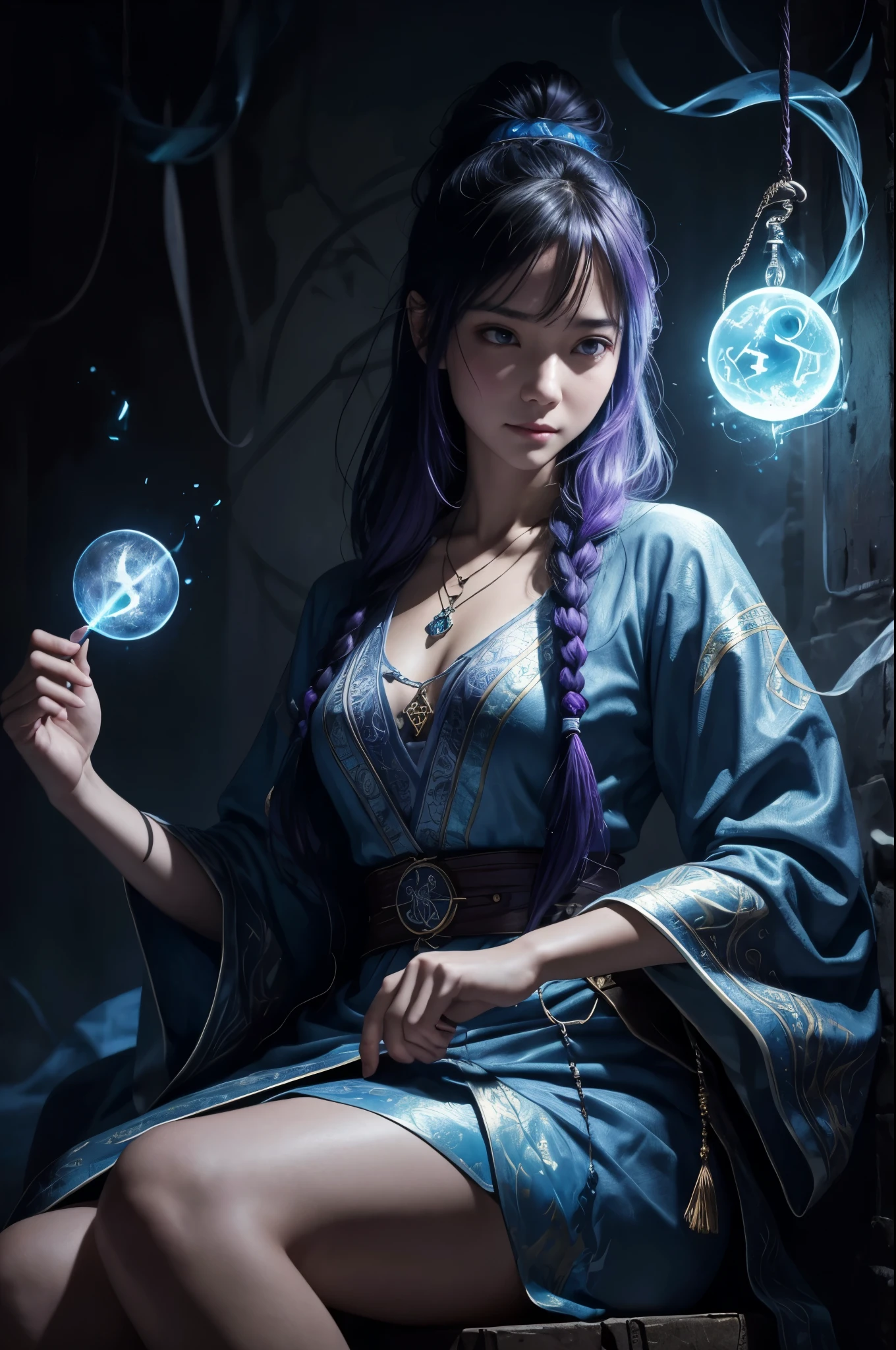 8K,Medium color portrait illustration of an attractive female wizard with ponytail、In the style of Adrian Genie、smile for a long time, Loose, Intricately embroidered wizard's robes in flowing blue.、Super beautiful(like the real thing),masterpiece、highest quality、very detailed(dungeon background)、magician_grams、necklace、Pouch、internal、(big glowing rune circle)、fire and ice、cast a spell、very detailed顔、超A high resolution、In the style of Adrian Genie、 by Esao Andrews、jenny saville、end ward hopper、surrealism、Dark Art by James Jean、takato yamamoto、inkpunk minimalism、highest qualityの詳細、realistic、High resolution、high quality texture、spectacular lighting、Movie stills、soft writing,emits purple energy,