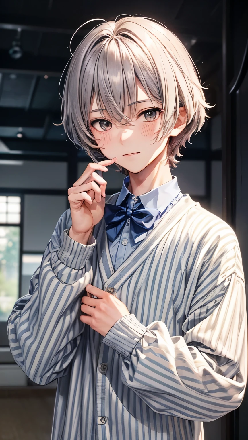 A Japanese innocent boy (( boy’s body, slender)),((put his hands on his mouth )), bluish gray extra very short hair(( voluminous hair ))(( much shaggy forelock:1.3)),((taper cut )), long sleeves shirts((gray, blue thin vertical stripes )),cardigan ((pale pink, beige color )) , sparkly orange big round droopy eyes, blush and passionate smile, tidy and easygoing atmosphere, neatly posing, (( face focus)),best quality