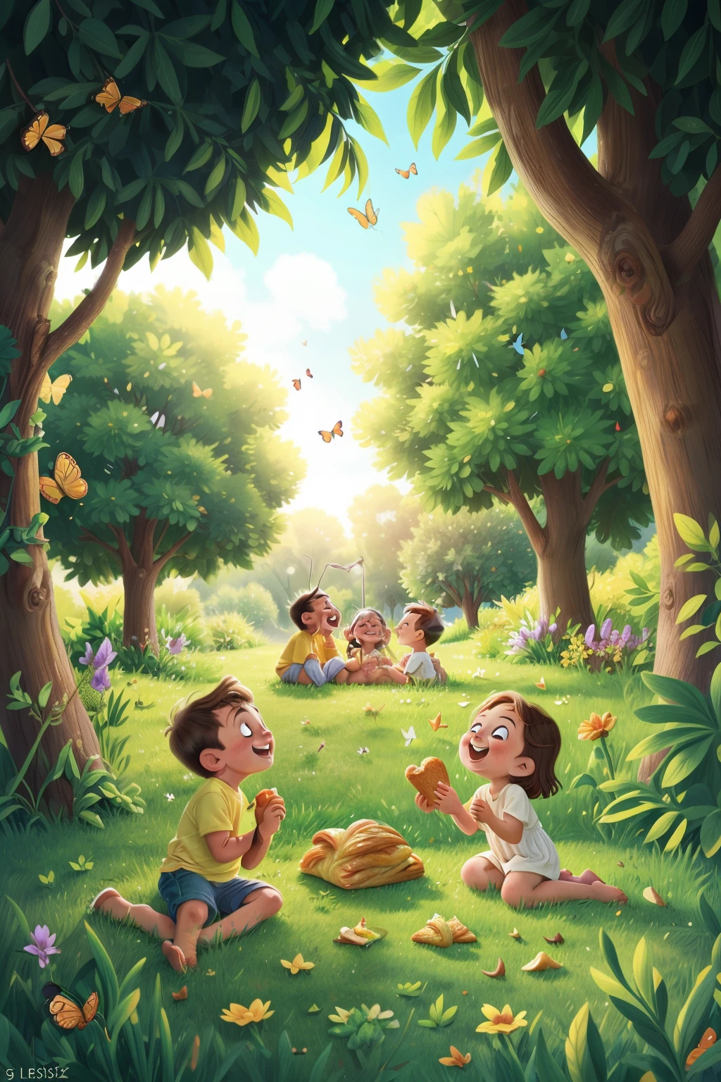 Family outing in the spring,Sitting on the lush, green grass,Nibbling on flaky croissants and toasted slices of bread,Laughter and joy shared among loved ones,A serene and picturesque moment,Sunlight filtering through the trees,Butterflies flitting about,Children playing nearby,Warm smiles exchanged,A beautiful, heartwarming scene,A cherished memory captured.
Family outing in the spring,Relaxing on the soft, verdant grass,Savoring the delectable taste of croissants and toasted bread,A moment of tranquility and togetherness,Intimate and heartfelt,Warm sunbe