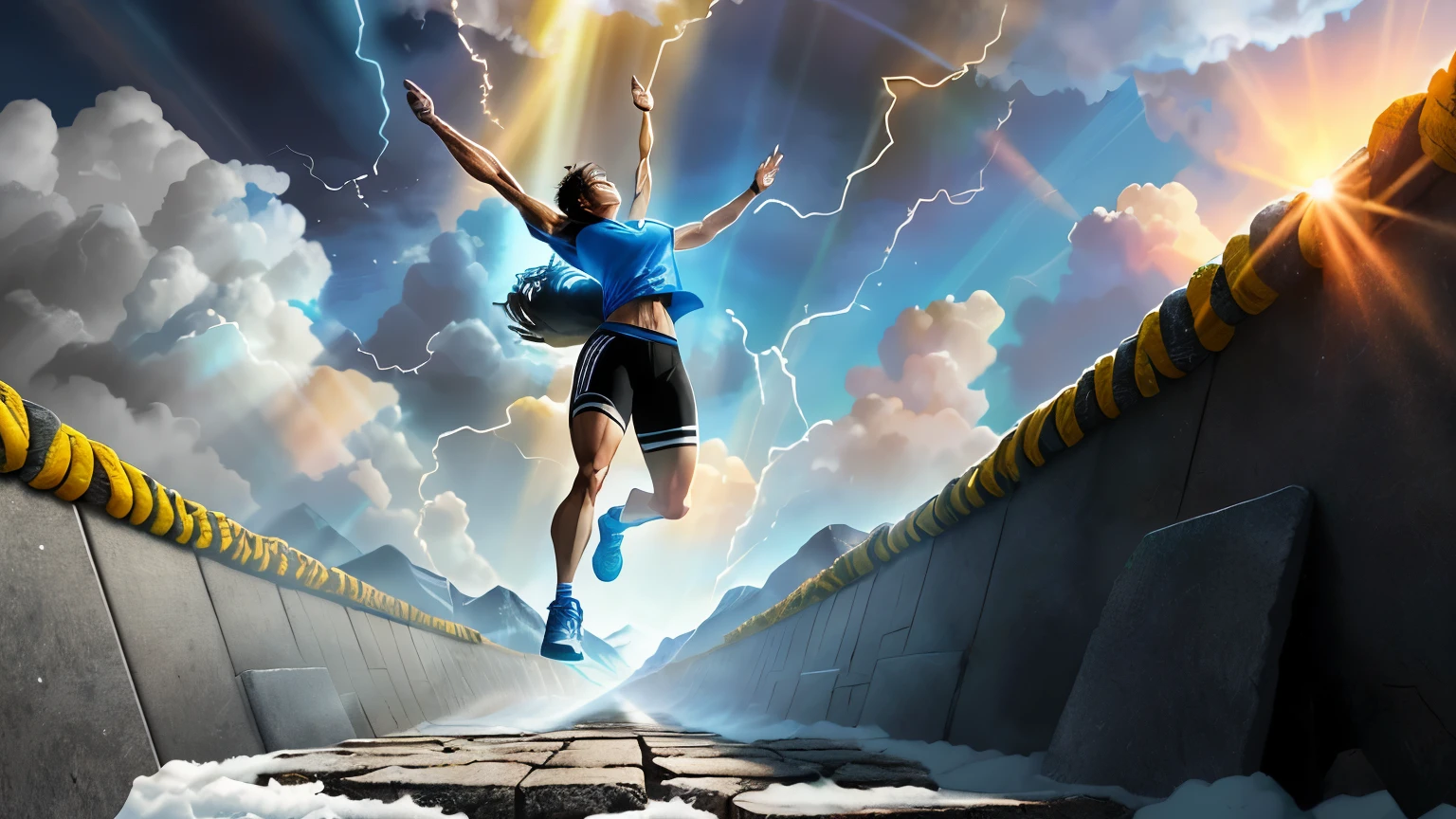 difficult obstacle, symbolizing the challenges one must overcome in life. This person is depicted as strong and determined, with a resilient expression on their face. Their body language exudes confidence and perseverance.
The person is dressed in athletic attire, wearing a shirt with the logo of a marathon, representing the endurance and stamina required to overcome obstacles. They are shown in mid-action, leaping over the obstacle with grace and agility, emphasizing the theme of resilience in the face of adversity.
The image is rendered in high definition, with vivid colors and intricate details that bring the scene to life. The lighting is dynamic, with rays of sunlight breaking through the clouds, symbolizing hope and brighter days ahead.
Surrounding the central image, there are smaller illustrations