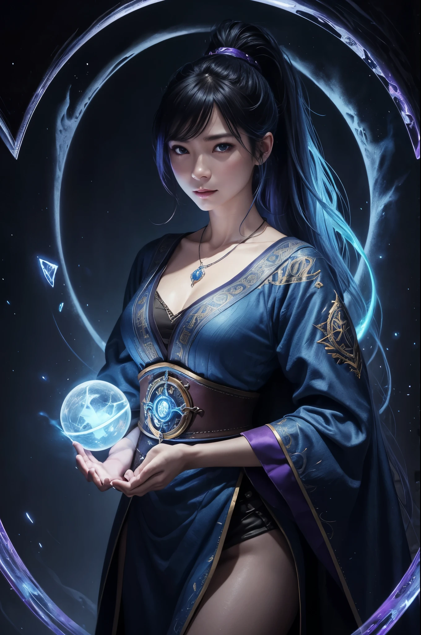 8K,Medium color portrait illustration of an attractive female wizard with ponytail、In the style of Adrian Genie、smile for a long time, Loose, Intricately embroidered wizard&#39;s robes in flowing blue.、Super beautiful(like the real thing),masterpiece、highest quality、very detailed(dungeon background)、magician_grams、necklace、Pouch、internal、(big glowing rune circle)、fire and ice、cast a spell、very detailed顔、超A high resolution、In the style of Adrian Genie、 by Esao Andrews、jenny saville、end ward hopper、surrealism、Dark Art by James Jean、takato yamamoto、inkpunk minimalism、highest qualityの詳細、realistic、High resolution、high quality texture、spectacular lighting、Movie stills、soft writing,emits purple energy,