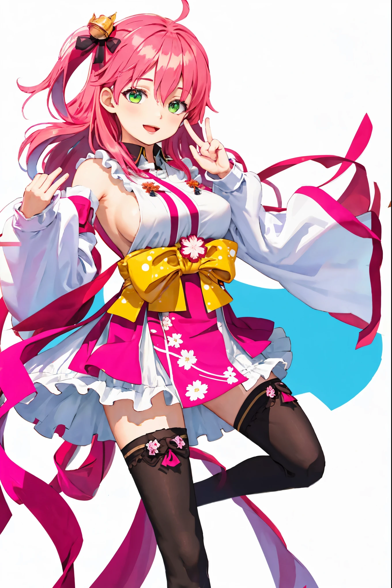 masterpiece, best quality, highres, miko1, sakura_miko, 1girl, green eyes, solo, ahoge, x_hair_ornament, pink_hair, floral print, hairclip,side_less_clothes, (sideboobs:1.4), hair_bell, floral print, long_hair, hair between eyes, one side up, white thighhighs, asymmetrical legwear, wide sleeves, open_mouth,happy,close_eyes, smile,jumping,rising_leg,plump,apart_legs,(overly_long_sleeves:1.1),(beautiful_fingers),sleeves_past_wrists,hands_hidden_sleeves