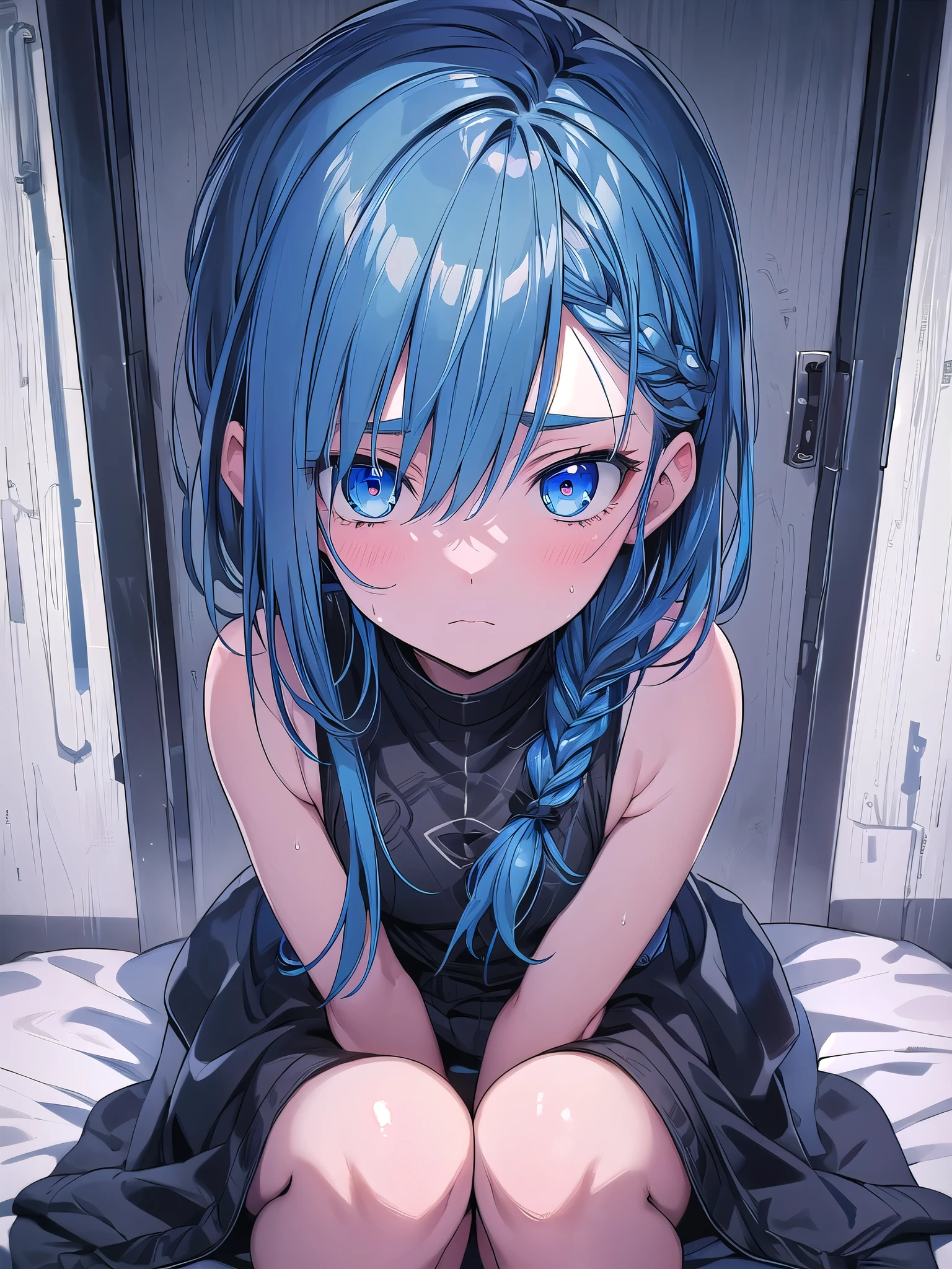 1 girl、solo、blue hair, braid side hair, colorful hair, (blue eyes:1.5),short hair、all nude(1:2),bow, , puffy break looking at viewer, break outdoors, break (masterpiece:1.2), highest quality, High resolution, unity 8k wallpaper, (figure:0.8), (detailed and beautiful eyes:1.6), highly detailed face, perfect lighting, Very detailed CG, (perfect hands, perfect anatomy),room、masturbation、sweat sweat,perfecthand、put your hands behind your back、bed,wet pants、string pants、whole body（1:2）、open your legs wide（1:2）,kneel up,blush、heavy breathing（1:5）,break down the system（1:5）,I&#39;m addicted to pussy,Toro Toro、open your mouth wide、a wistful look、Under the gaze