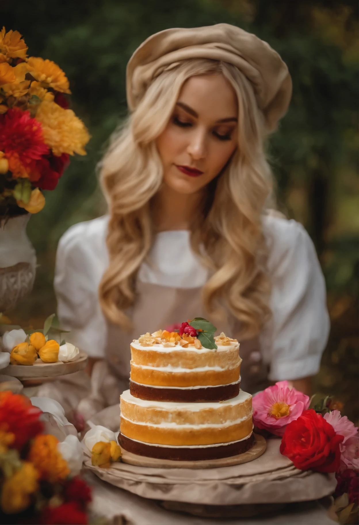 Chef with cake blonde girl,flowers