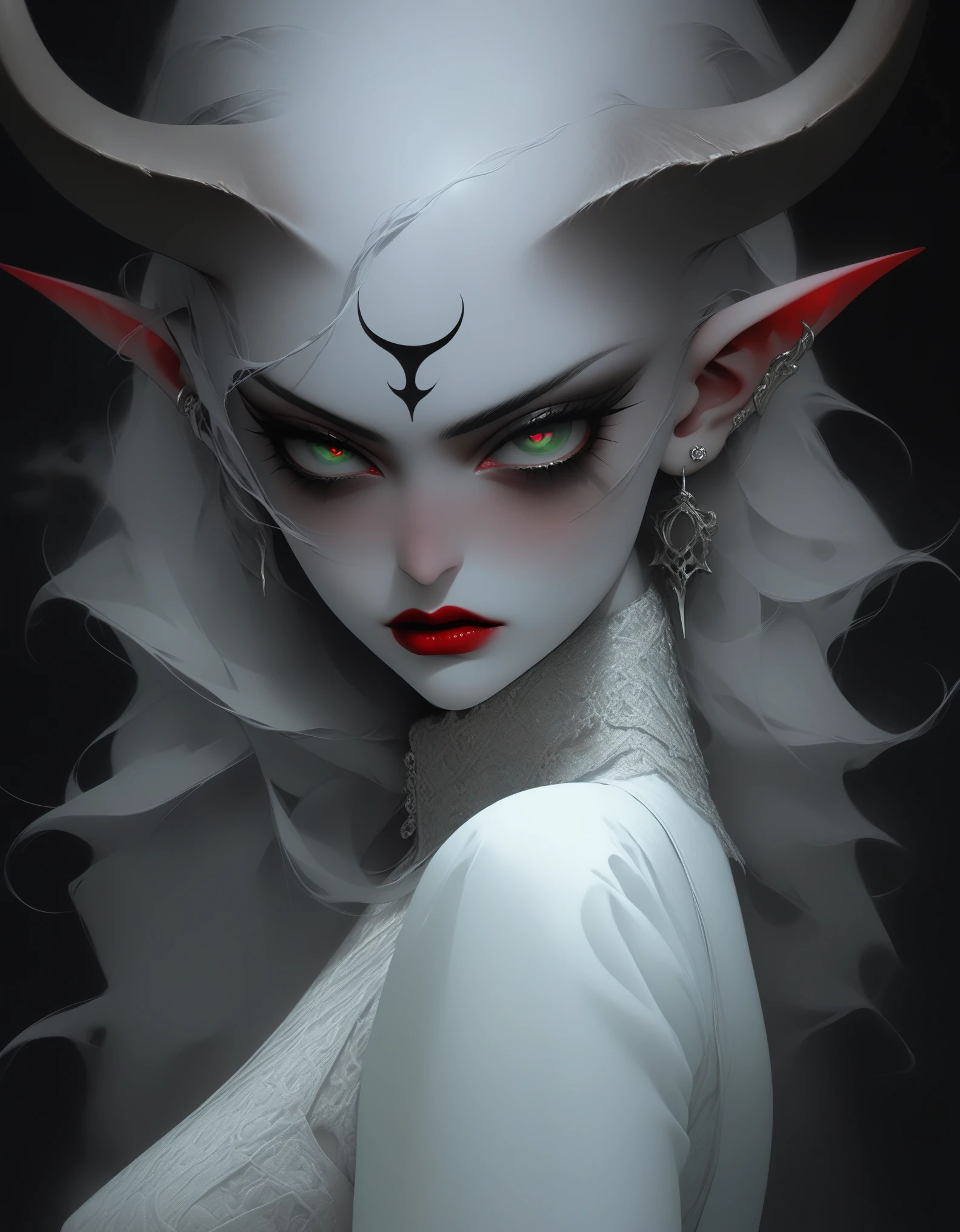 Portrait, close up, Bron above, Skinhead girl, demon girl, very angry, ((total smokey eyes)), (skinhea:1.2 ) , (emerald eyes), (white blouse), (long intricate horns:1.3), red liquid lips, (best quality), highest quality, extremely detail, 8k, wallpaper, detailed and intricate,