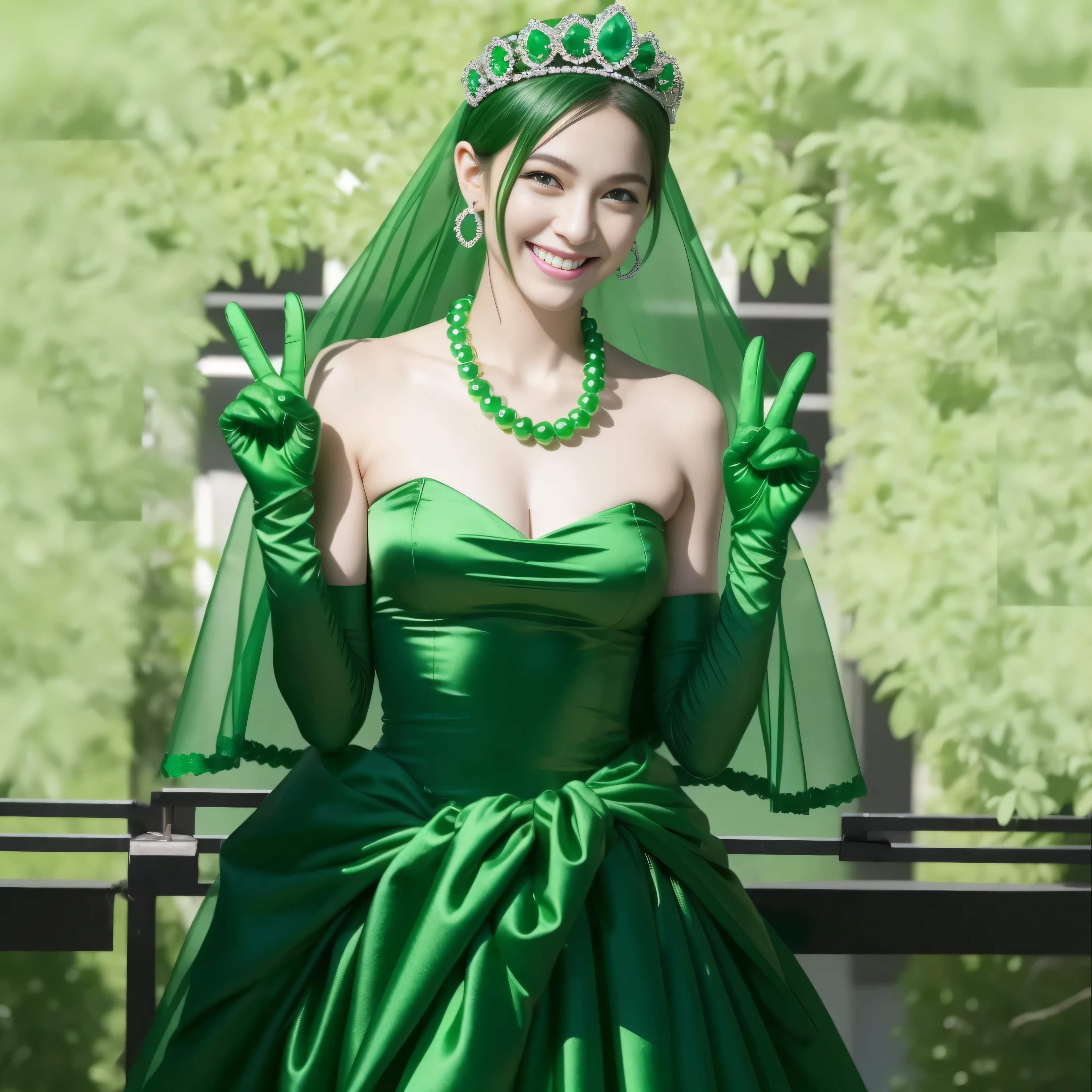 emerald tiara, Green Pearl Necklace, Boyish green berry short hair, lipstick, Smiling Japan woman, very short hair, big breasts beautiful, green eyes, Green long gloves made of satin material, green eyes, v sign, emerald earrings, green gloss
