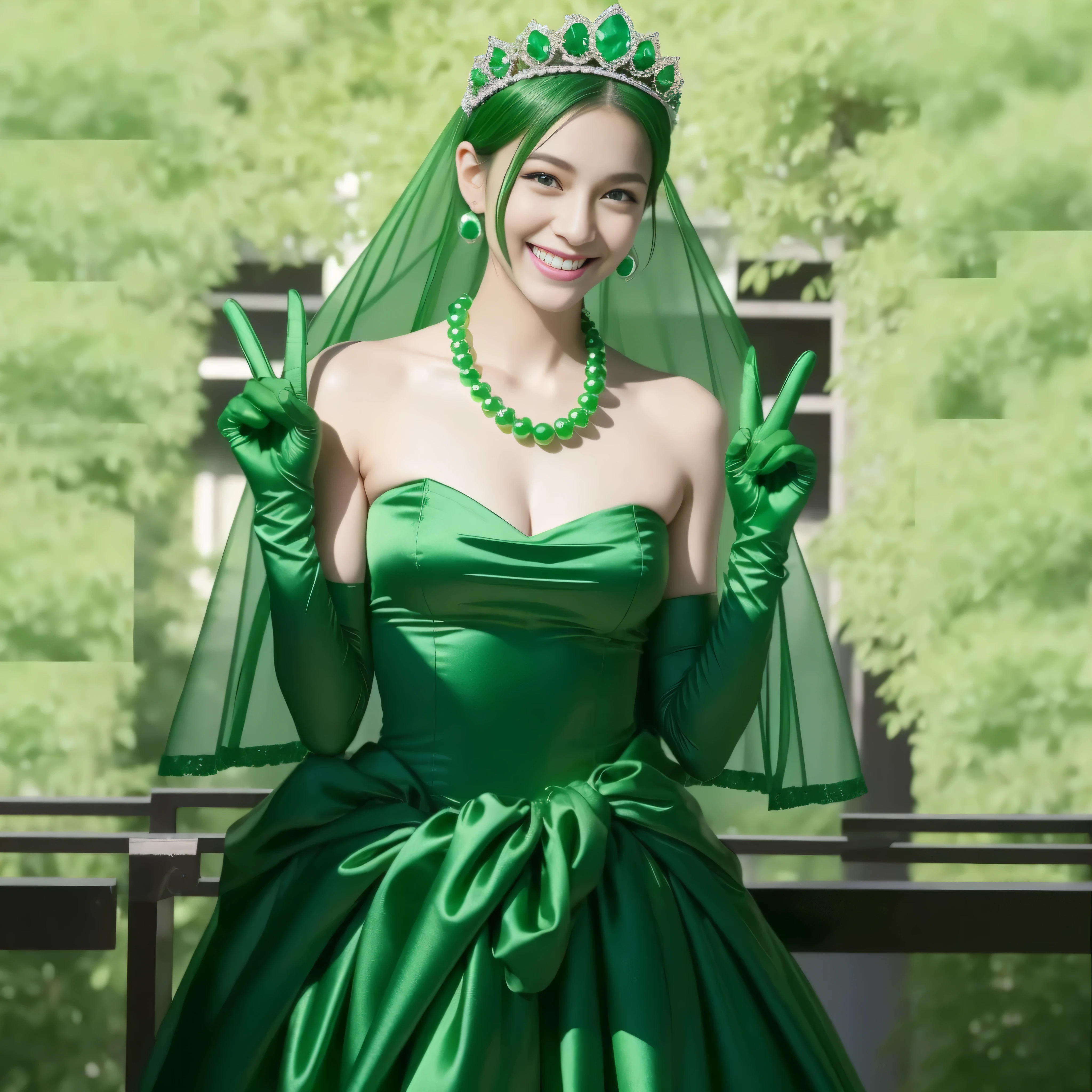 emerald tiara, Green Pearl Necklace, Boyish green berry short hair, lipstick, Smiling Japan woman, very short hair, big breasts beautiful, green eyes, Green long gloves made of satin material, green eyes, v sign, emerald earrings, green gloss