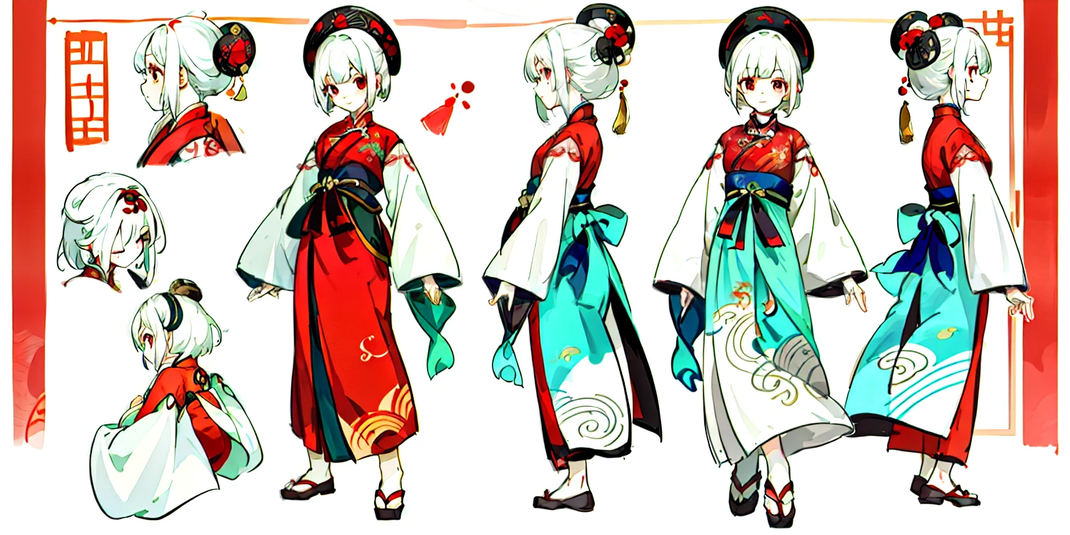1 young girl, character table, Hanfu, Chinese traditional clothing, long, flowing clothes, cloth shoes, whole body, (masterpiece: 1.2), (best quality: 1.3), 1 girl, Permanently installed, Lovely, short hair white hair