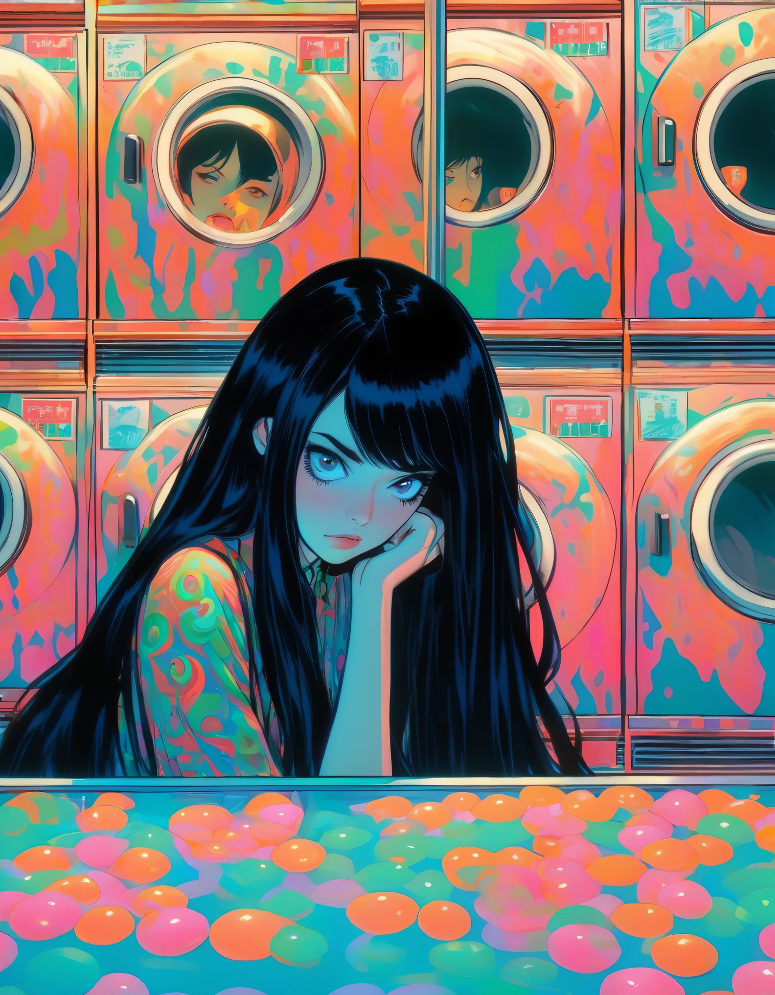 Woman, long black hair,Bust , bored, waiting at a laundromat, art by Junji Ito, art by Martine Johanna, anime network, anime style