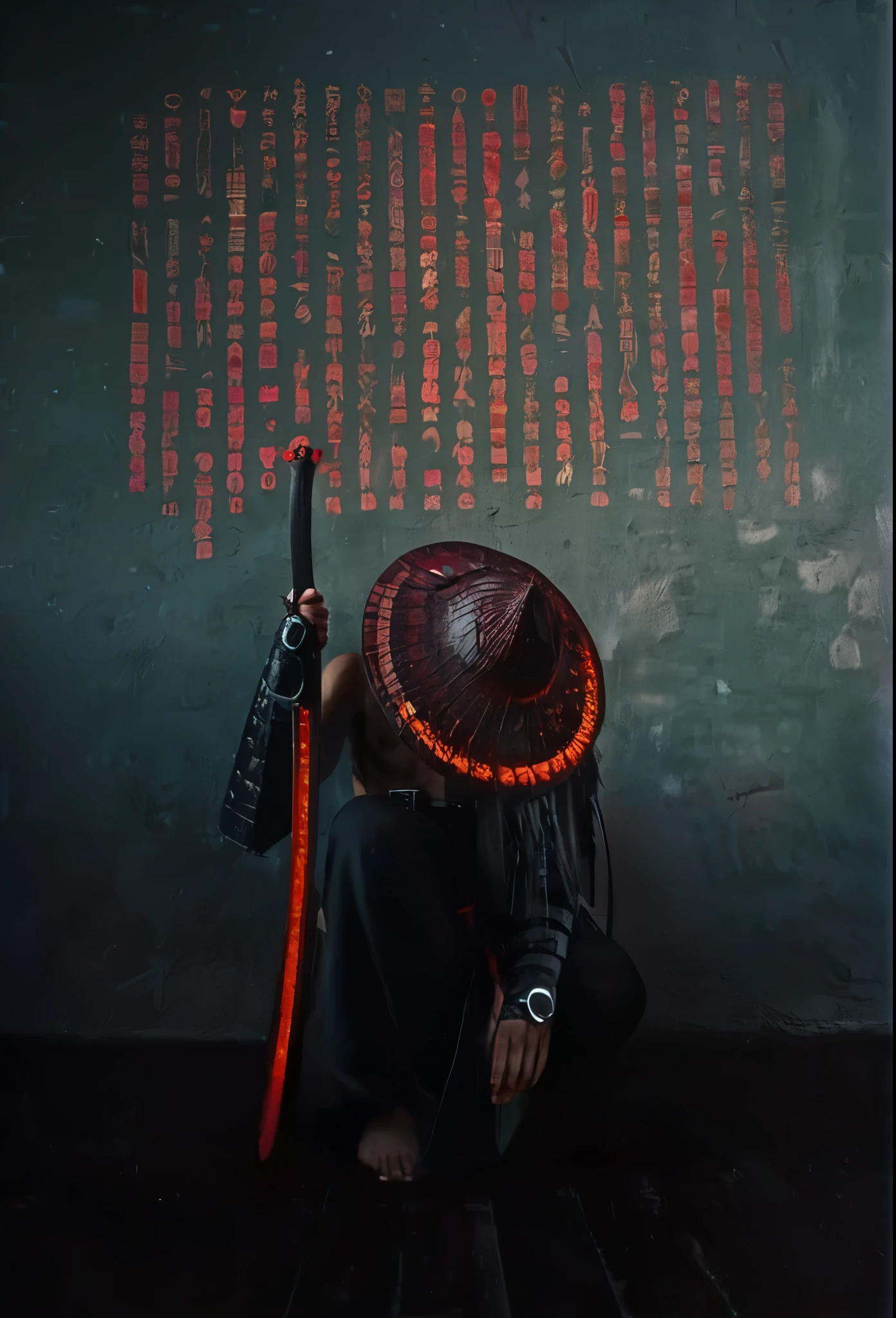 arafed man with a red hat and a red staff sitting in front of a wall, very beautiful cyberpunk samurai, cyberpunk samurai, portrait of a cyberpunk samurai, zen meditation cyberpunk, cyberpunk geisha, red demon cyberpunk symbols, neon samurai, japanese warrior, chinese warrior, cyberpunk photo, demon samurai, chinese artist, samurai style, samurai with demon mask