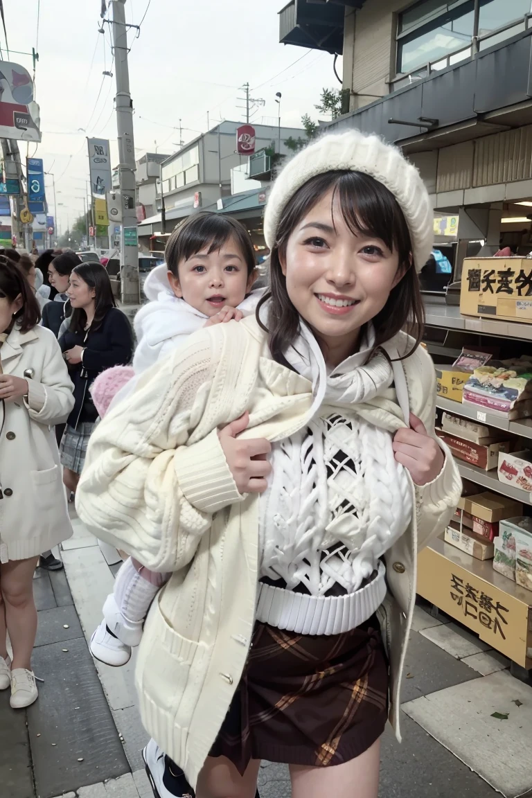 Highest image quality、highest quality、highest resolution、masterpiece、RAW photo、smile、looking at the camera、Low angle shooting、(full body shot:1.2)、((Are standing、carrying a baby on your back:1.5))、((Beautiful 42 year old))、light brown long curly hair、((white half coat、brown knit sweater、plaid mini skirt:1.5))、pink bra and panties、stockings、black long boots、Shoulder bag、smartphone、small red beret、((Crowded intersection in front of the supermarket on Ekimae Boulevard))