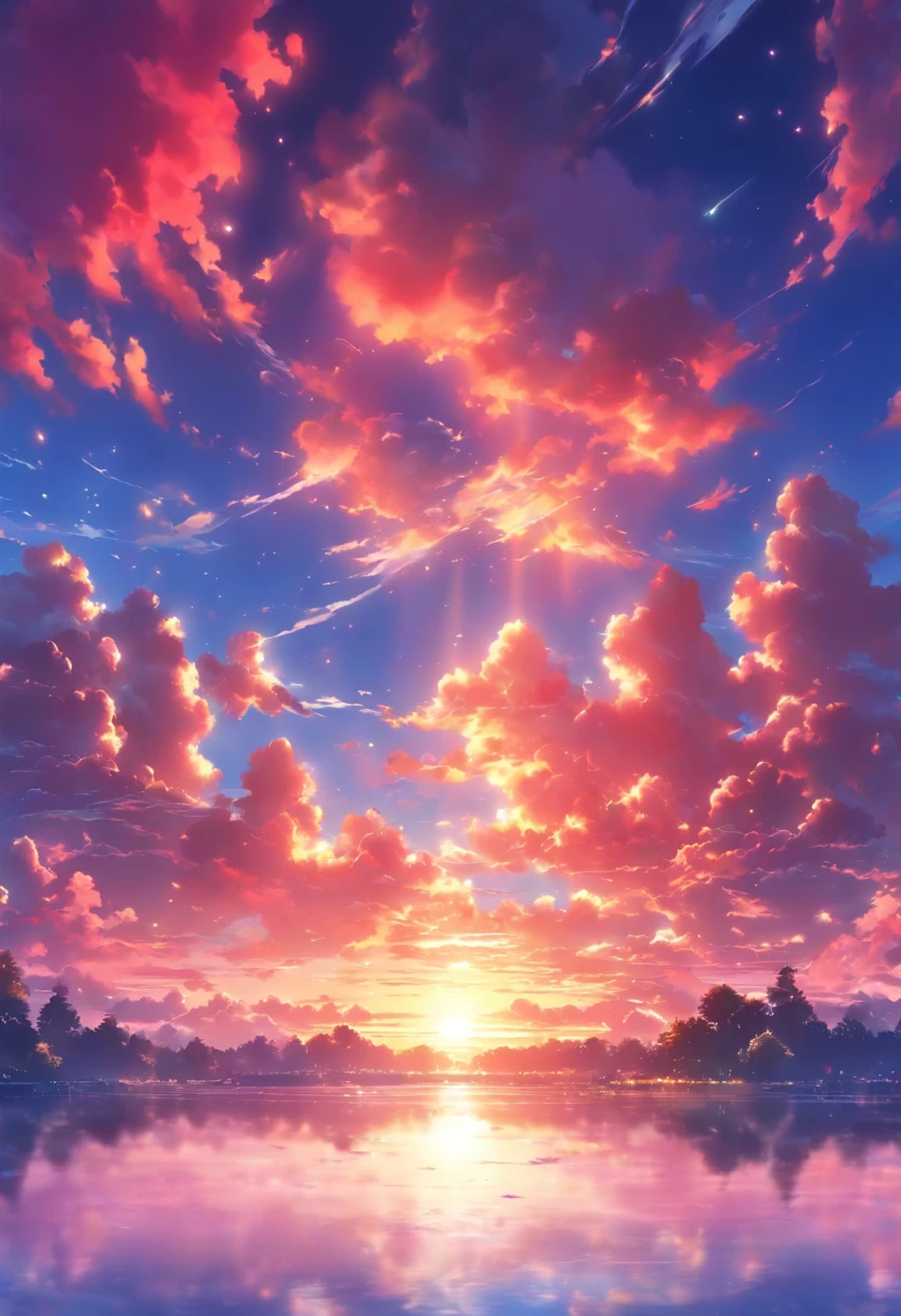 lake and trees々There is a beautiful sunset in the background, colorful sky, surreal colors, colorful sunset, colorful sky, wonderful skyの反射, stunning sky, dreamy atmosphere 8k, colorful clouds, colors reflected in the lake, surreal sky, red and blue reflections, fire reflection, beautiful sky, beautiful and spectacular sunset, beautiful dreamy landscape, wonderful sky
