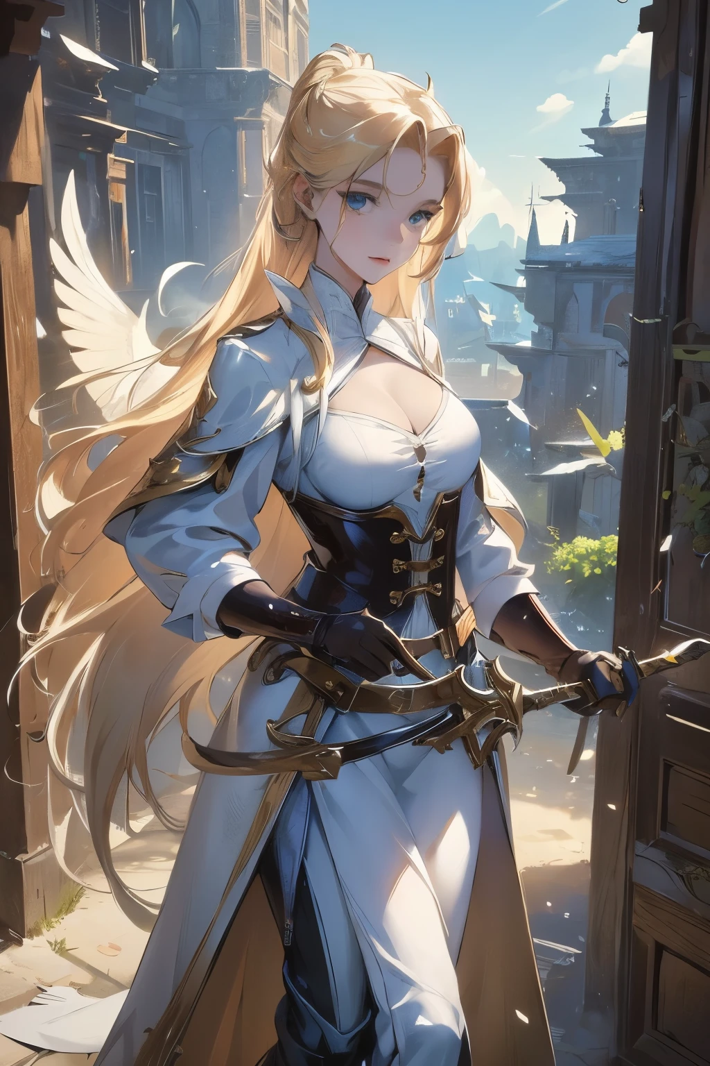 ((best quality)), ((chef-d&#39;artwork)), (detailed), profondeur de champs, birds in the background, hommes oiseaux, soldats en armure, visage parfait, well defined eyes, dans un monde de fantasy, a blonde warrior with blue eyes, les cheveux blonds attachés en une queue de cheval haute et des mèches de chaque coté de son magnifique visage se tient sur les remparts d'une château. She wears a long white coat with golden wing symbols open at chest level., revealing her generous cleavage. Ceinturon, winged sword. Elle porte de longs gants en cuir sans doigts et des protèges bras de cuir ainsi que des cuissarde de cuir par dessus son pantalon blanc ,metal shoulder pads, symboles d'ailes.