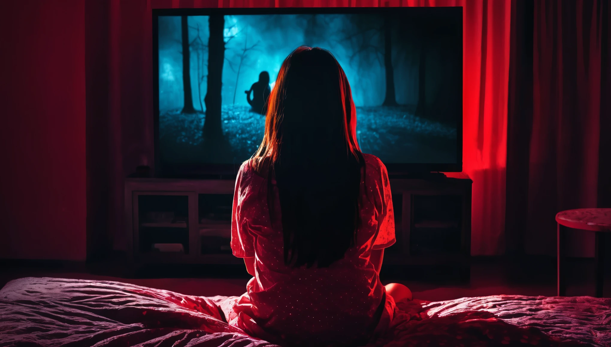 Sits and watches horror movies on TV at night, there is a lot of blood in the room,There's only noise on the TV. the scariest photo., girl sitting in front of the screen. There is some eroticism