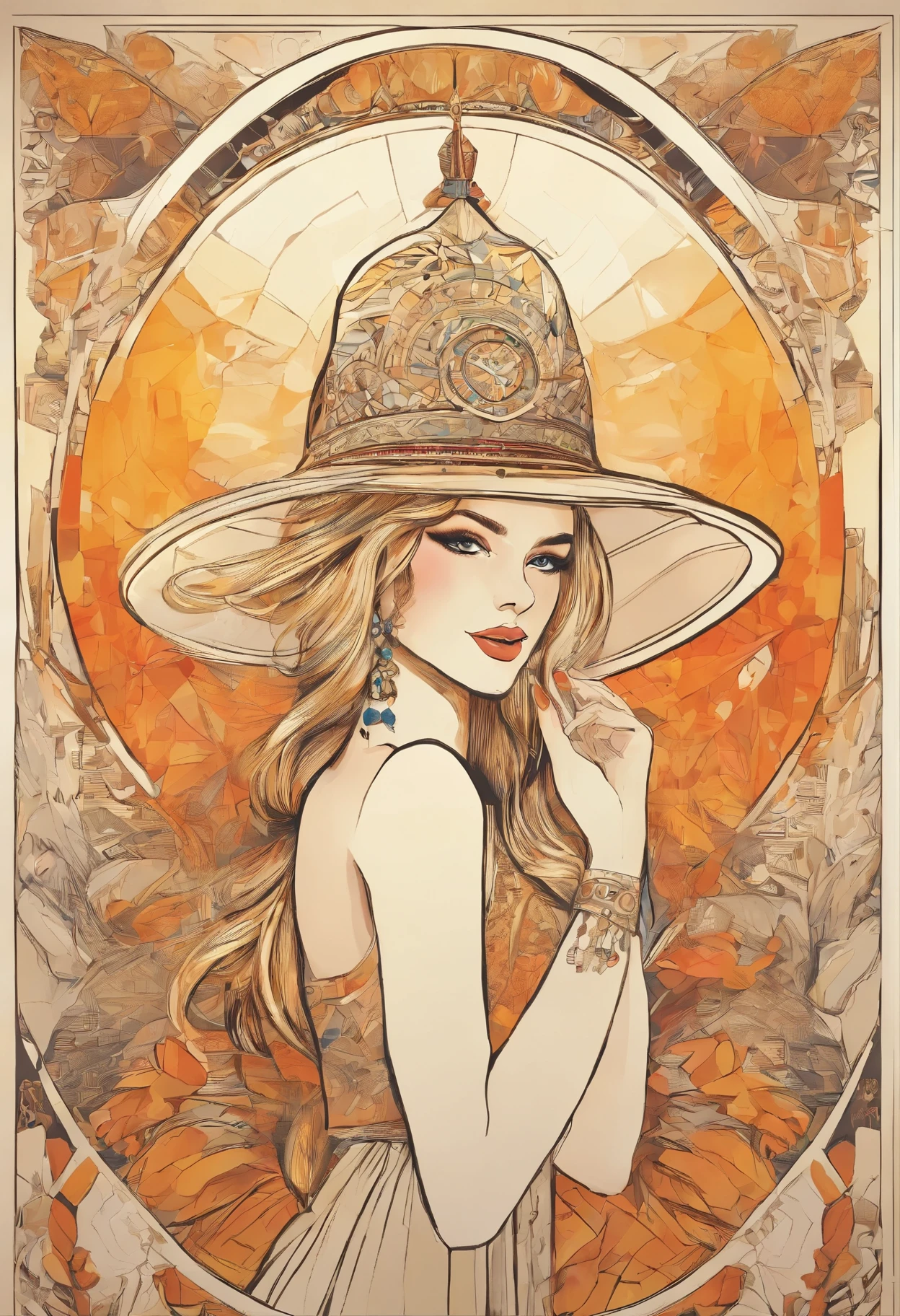 Tall blonde woman wearing a Russian hat、Russian hat with raccoon fur、Blonde woman with long straight hair、Luminous design、Pastel colors、Ink drips、Autumn lights
