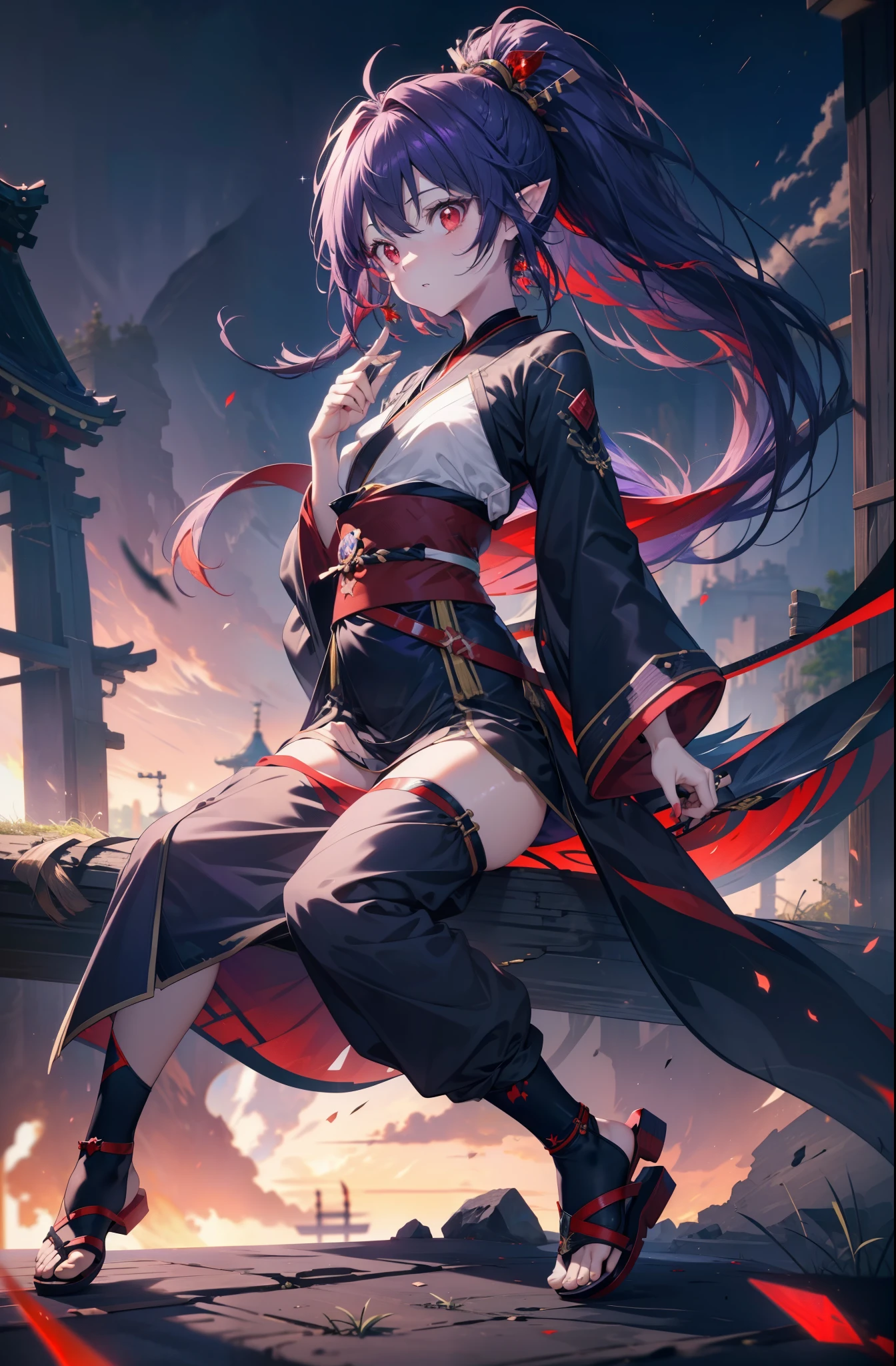 yuukikonno, Yuki Konno, hair band, long hair, pointed ears,ponytail, purple hair, (red eyes:1.5), (small breasts:1.2), open your mouth,red kimono,Purple too,white foot bag,grass sandals,Japan sword 1:1 Hold the grip in your hand,
break looking at viewer, Upper body, whole body,
break outdoors, medieval europe cityscape,
break (masterpiece:1.2), highest quality, High resolution, unity 8k wallpaper, (shape:0.8), (thin and beautiful eyes:1.6), highly detailed face, perfect lighting, Very detailed CG, (perfect hands, perfect anatomy),