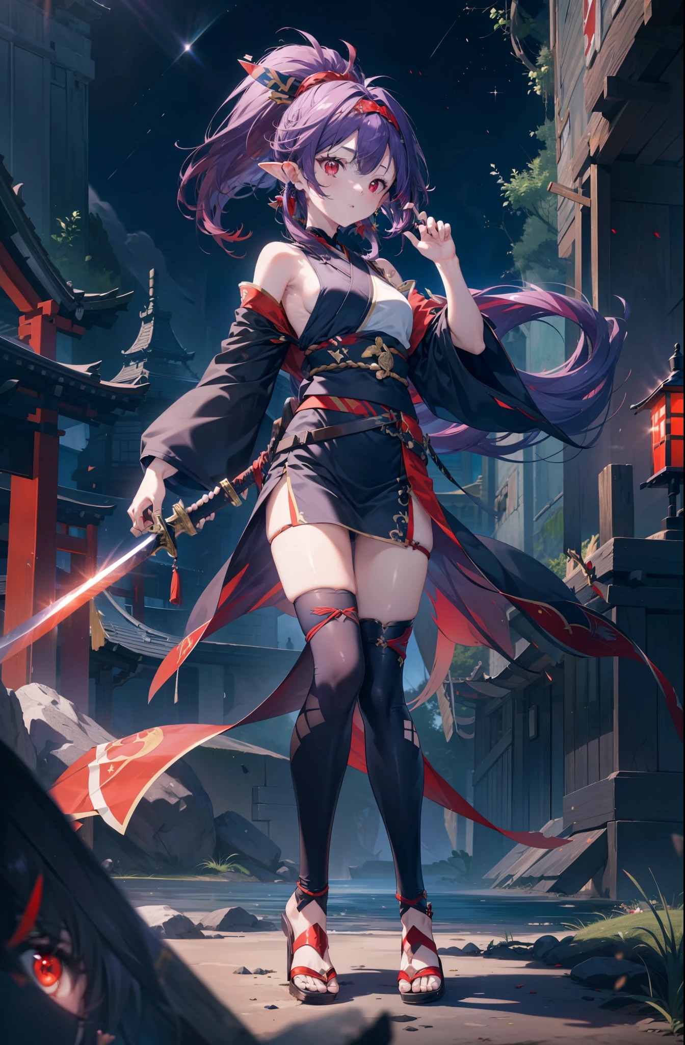 yuukikonno, Yuki Konno, hair band, long hair, pointed ears,ponytail, purple hair, (red eyes:1.5), (small breasts:1.2), open your mouth,red kimono,Purple too,white foot bag,grass sandals,Japan sword 1:1 Hold the grip in your hand,
break looking at viewer, Upper body, whole body,
break outdoors, medieval europe cityscape,
break (masterpiece:1.2), highest quality, High resolution, unity 8k wallpaper, (shape:0.8), (thin and beautiful eyes:1.6), highly detailed face, perfect lighting, Very detailed CG, (perfect hands, perfect anatomy),