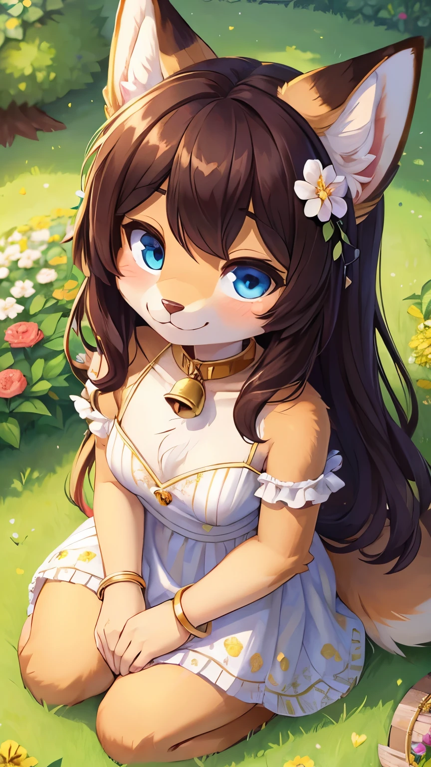 (fluffy anthro furry :1.6),(young :1.6),cat girl,small breasts,blue eyes,dark brown long hair,wavy hair,messy hair,gold body fur,gold canine ears,pubic fur,neck fur,flower hair ornament,small bell collar,white cute dress with ribbon decoration,floral bracelet,looking at viewer,upper body only,shy face,smile,heart eyes,heart eyeblow,huge flower garden,upper body only,sitting on ground,high angle,selfie,heavy breath