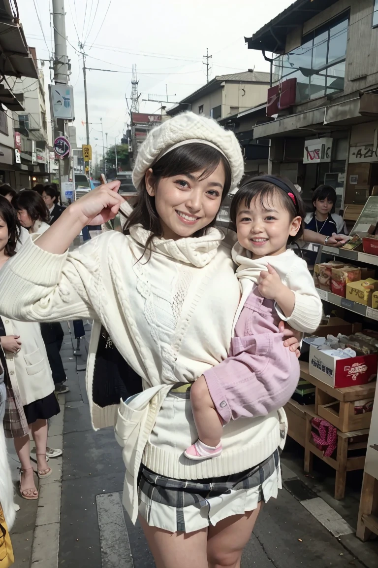 Highest image quality、highest quality、highest resolution、masterpiece、RAW photo、smile、looking at the camera、Low angle shooting、(full body shot:1.2)、((shirt lift:1.5))、((Standing and carrying a baby on your back:1.5))、((Beautiful 42 year old))、light brown long curly hair、((white half coat、brown knit sweater、plaid mini skirt:1.5))、pink bra and panties、stockings、black long boots、Shoulder bag、smartphone、small red beret、((Crowded intersection in front of the supermarket on Ekimae Boulevard))