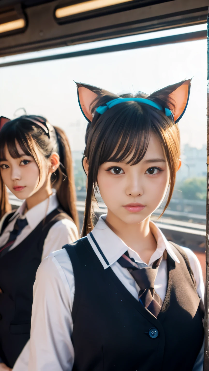 masterpiece, 4k, (multiple girls, harem, group picture:1.4), Beautiful high school girl, (Japanese idle:1.6), harem, (cat ears:1.4), school uniform, sundown, train station, close up,