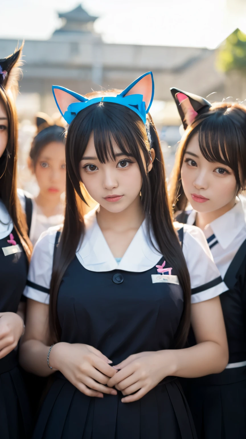 masterpiece, 4k, (multiple girls, harem, group picture:1.4), Beautiful high school girl, (Japanese idle:1.6), harem, (cat ears:1.4), school uniform, sundown, train station, close up, 