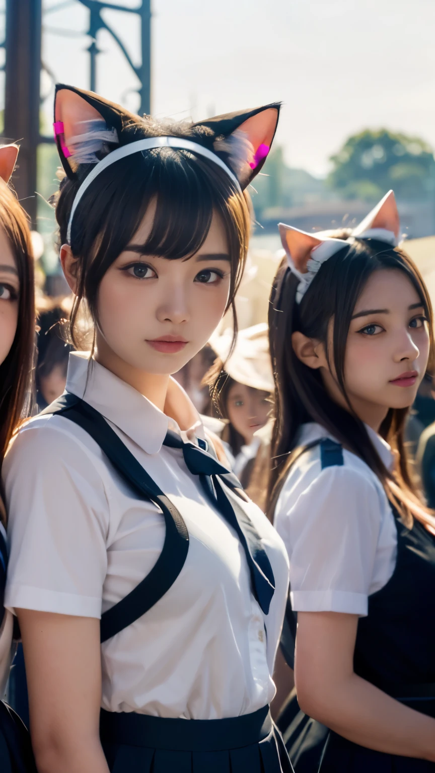 masterpiece, 4k, (multiple girls, harem, group picture:1.4), Beautiful high school girl, (Japanese idle:1.6), harem, (cat ears:1.4), school uniform, sundown, train station, close up,