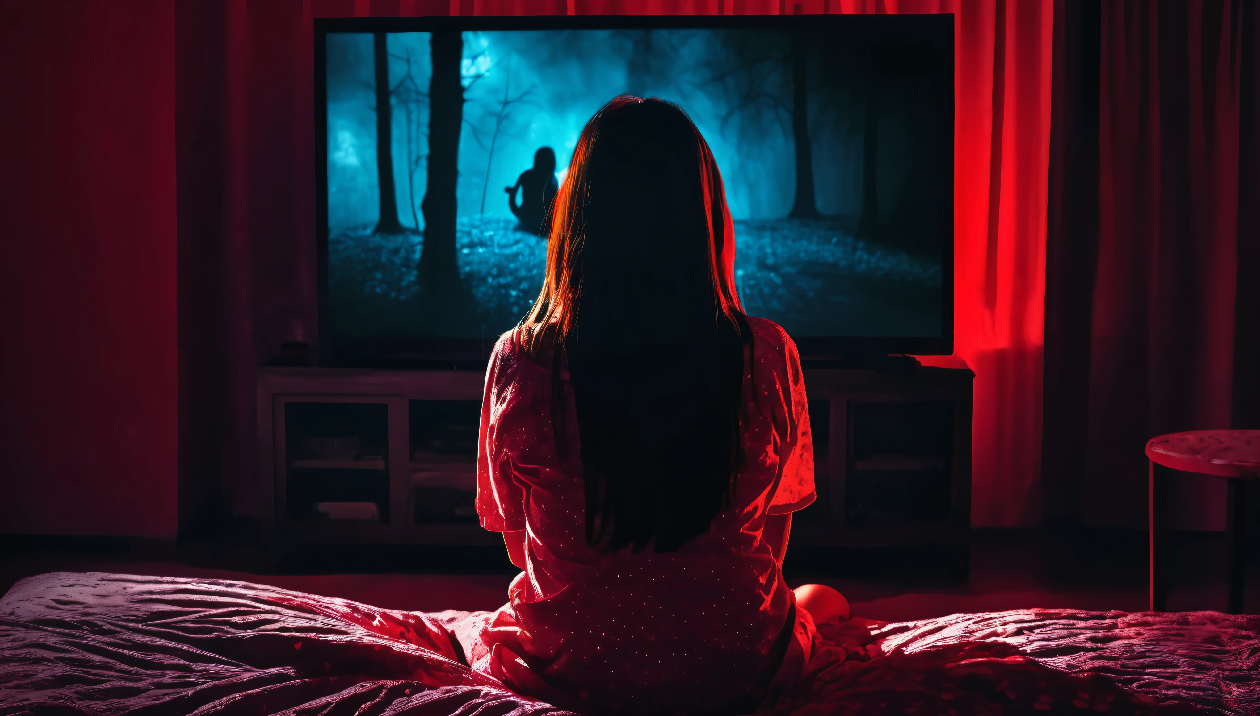 Sits and watches horror movies on TV at night., there is a lot of blood in the room,there'it's just noise on the TV. the scariest photo., girl sitting in front of the screen. there is some eroticism