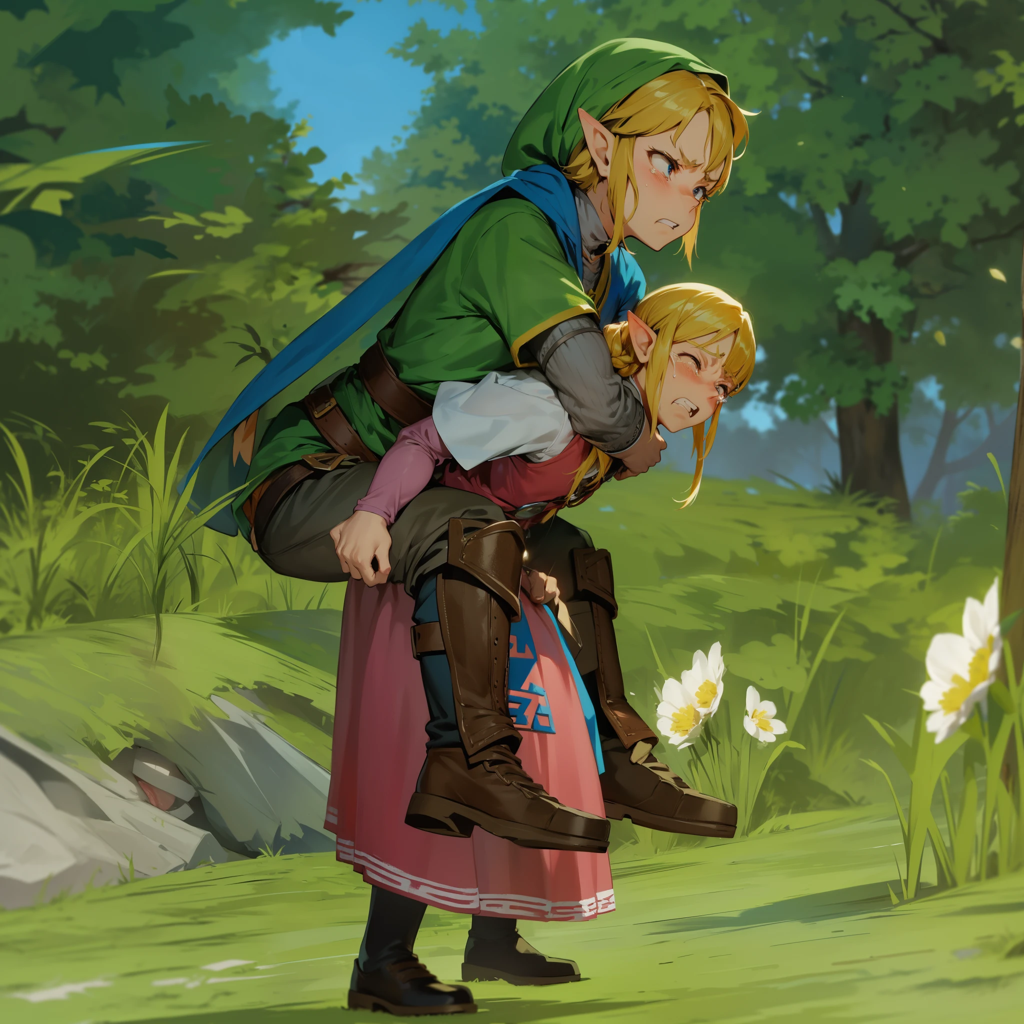 piggyback ride, size difference, angry, crying, clenched teeth, struggling, exhausted, pain, zelda,