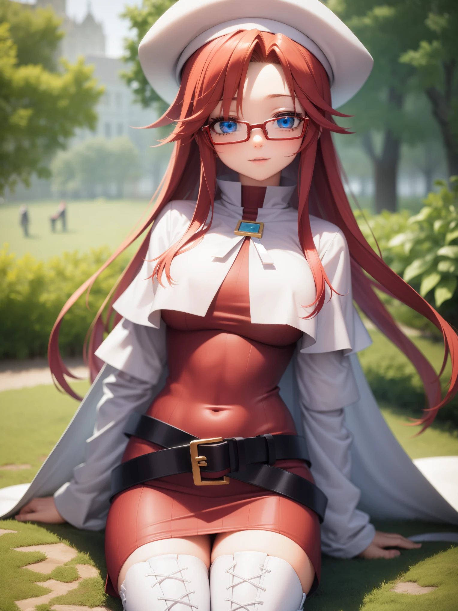 summonnightaty, aty, long hair, blue eyes, red hair, beret, hat, glasses,
BREAK long hair, thighhighs, hat, dress, boots, glasses, belt, cape, sweater, zettai ryouiki, beret, thigh boots, white footwear, ribbed sweater, loose belt,solo,
BREAK outdoors, fantasy_town,
BREAK (masterpiece:1.2), best quality, high resolution, unity 8k wallpaper, (illustration:0.8), (beautiful detailed eyes:1.6), extremely detailed face, perfect lighting, extremely detailed CG, (perfect hands, perfect anatomy),covered_nipples,covered_navel,light_smile ,walking,(half_eyes:1.2),light_open_mouth,sword,armpit,sleepy,sitting,red_sweater,