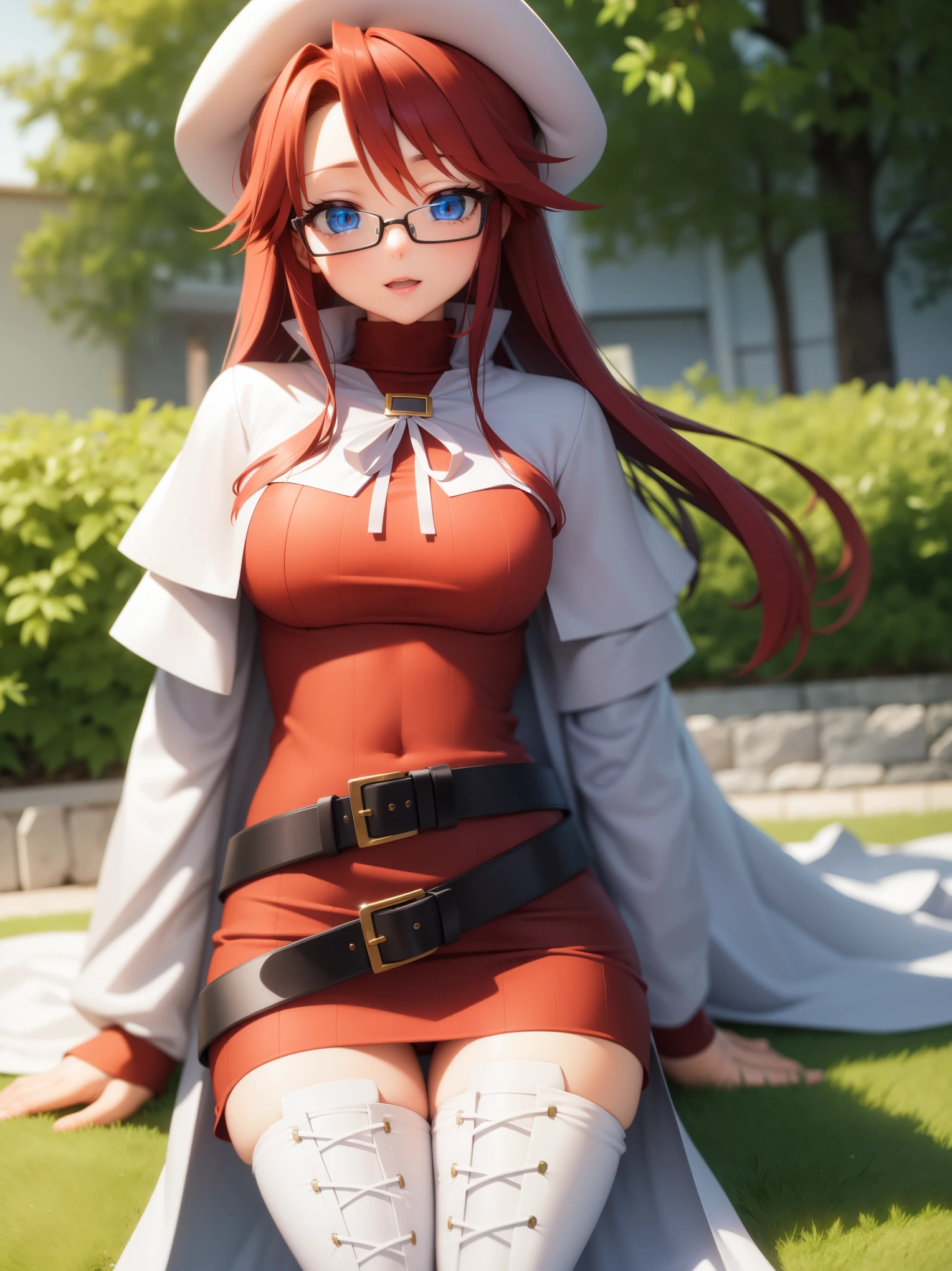 summonnightaty, aty, long hair, blue eyes, red hair, beret, hat, glasses,
BREAK long hair, thighhighs, hat, dress, boots, glasses, belt, cape, sweater, zettai ryouiki, beret, thigh boots, white footwear, ribbed sweater, loose belt,solo,
BREAK outdoors, fantasy_town,
BREAK (masterpiece:1.2), best quality, high resolution, unity 8k wallpaper, (illustration:0.8), (beautiful detailed eyes:1.6), extremely detailed face, perfect lighting, extremely detailed CG, (perfect hands, perfect anatomy),covered_nipples,covered_navel,light_smile ,walking,(half_eyes:1.2),light_open_mouth,sword,armpit,sleepy,sitting,red_sweater,