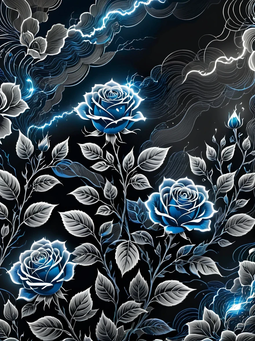 (pencil_sketch:1.2, messy lines, Grayscale, traditional media, sketch)，on dark electric background, Stylized outline of blue electric charges forming electricity (((book of man))) and roses , bioluminescence,