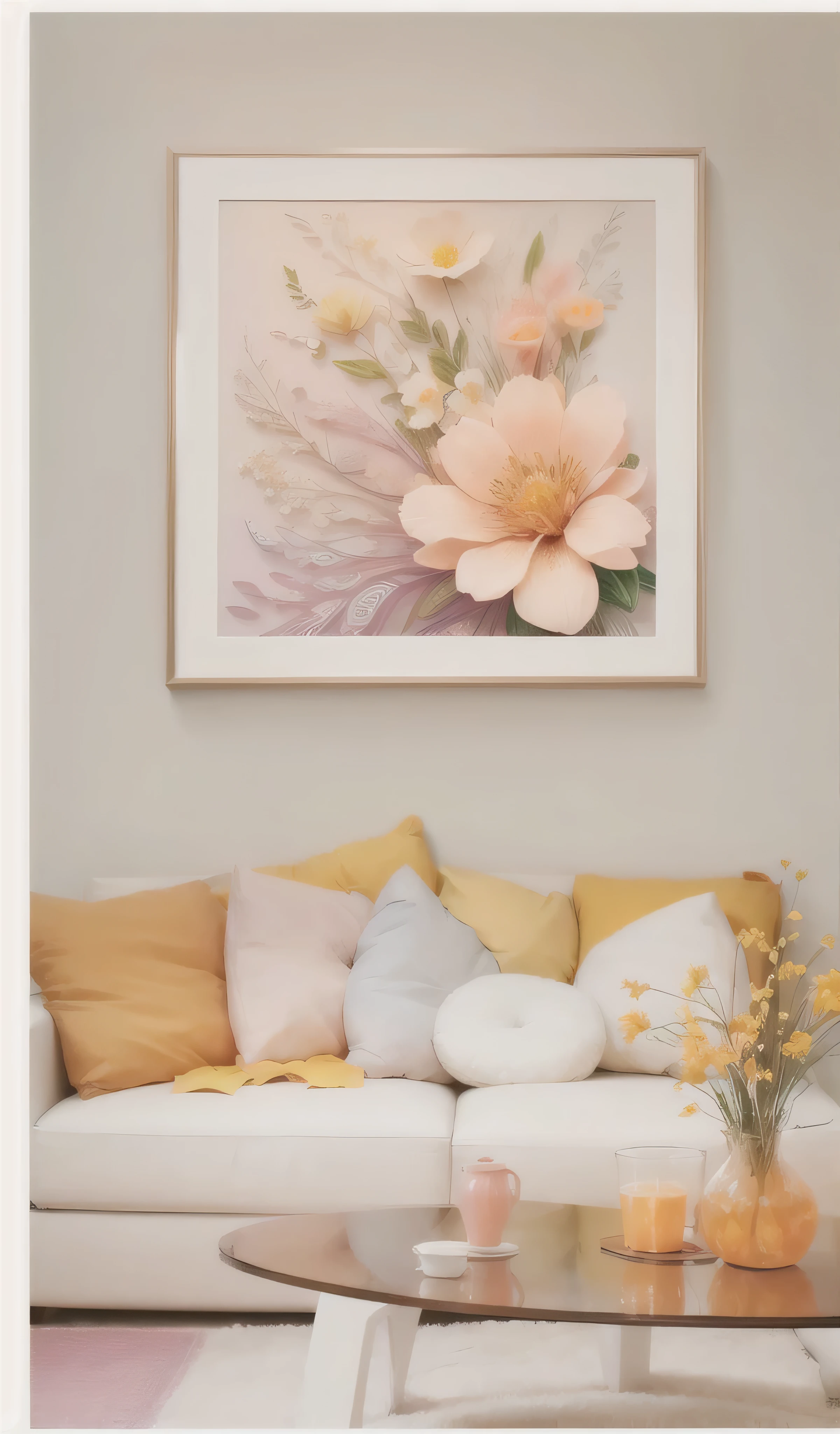 there is a picture of a living room with a couch and a picture of flowers, in pastel colors, high-quality art, paper quilling, sweet artpiece, in pastel shades, pastel colourful 3 d, wall art, orange pastel colors, ad image, digital artwork, official artwork, paper art, extremely high quality artwork, high-quality digital art