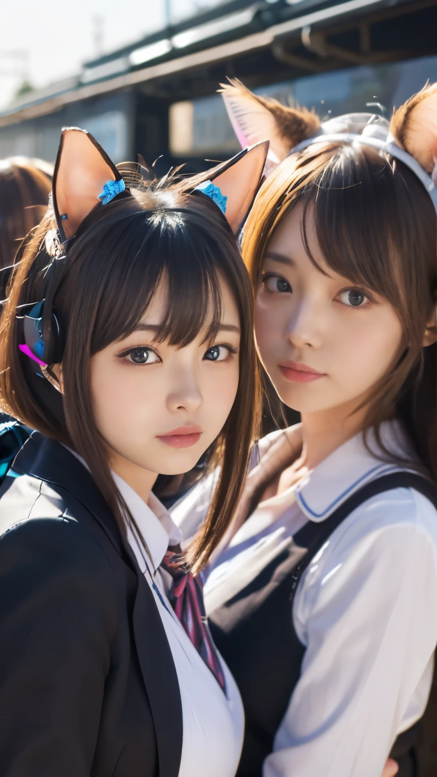 masterpiece, 4k, (multiple girls, harem, group picture:1.4), Beautiful high school girl, (Japanese idle:1.6), harem, (cat ears:1.4), school uniform, sundown, train station, close up,