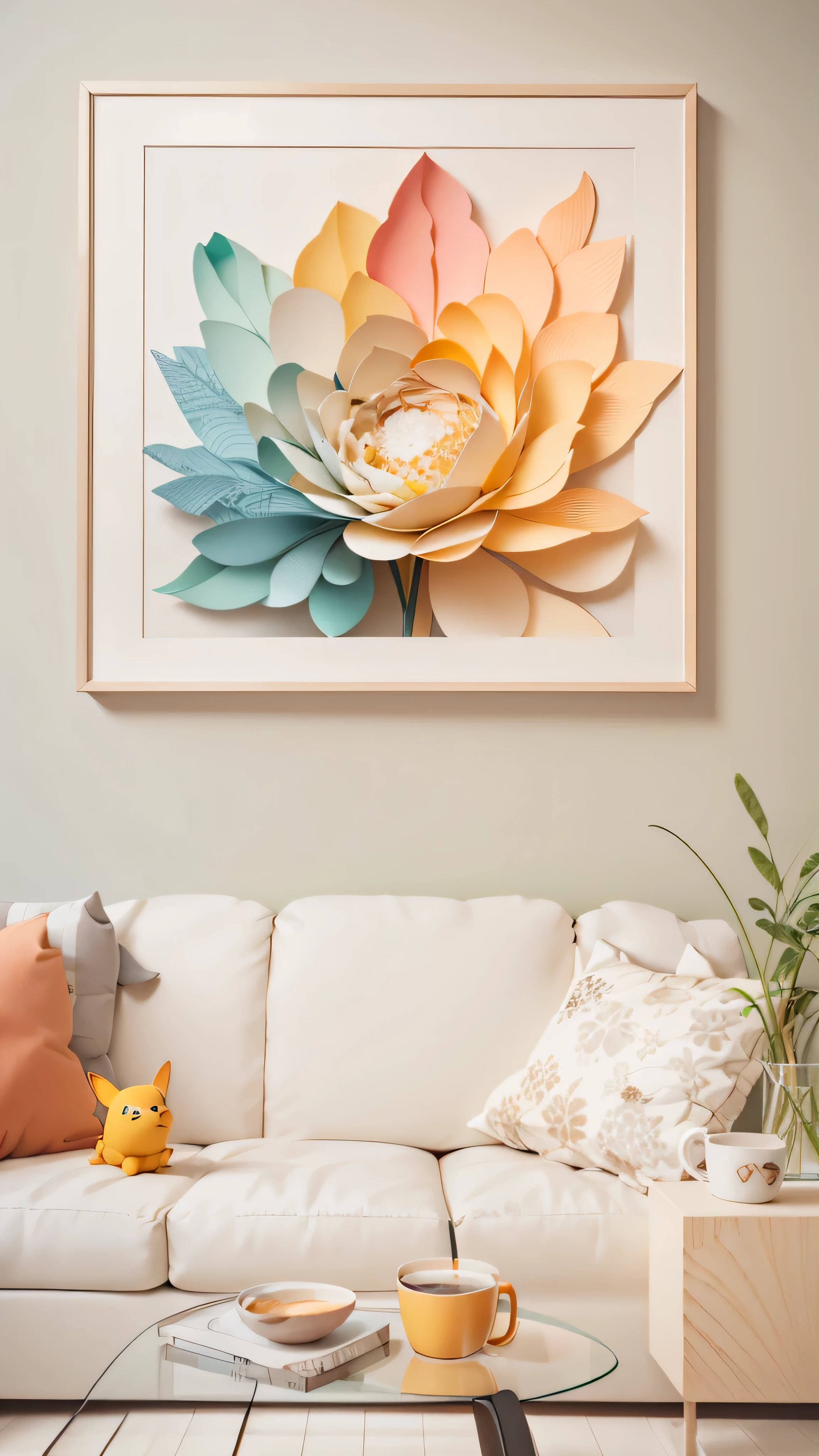 there is a picture of a living room with a couch and a coffee table, high-quality art, pastel colourful 3 d, high-quality digital art, high - quality digital art, digital artwork, layered paper style, detailed digital artwork, in pastel shades, sweet artpiece, wall art, in pastel colors, extremely high quality artwork, layered paper art, detailed paintings