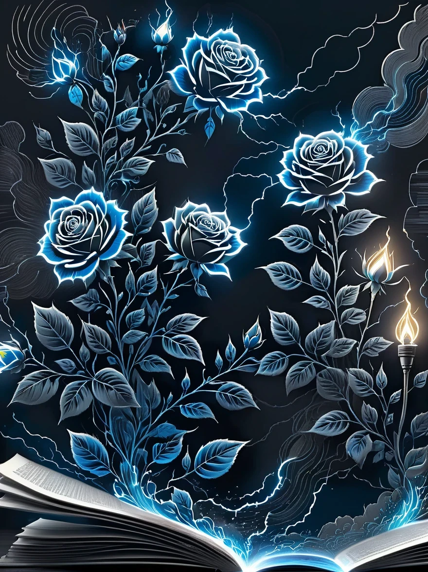 (pencil_sketch:1.2, messy lines, Grayscale, traditional media, sketch),on dark electric background, Stylized outline of blue electric charges forming electricity (((book of man))) and roses , bioluminescence,