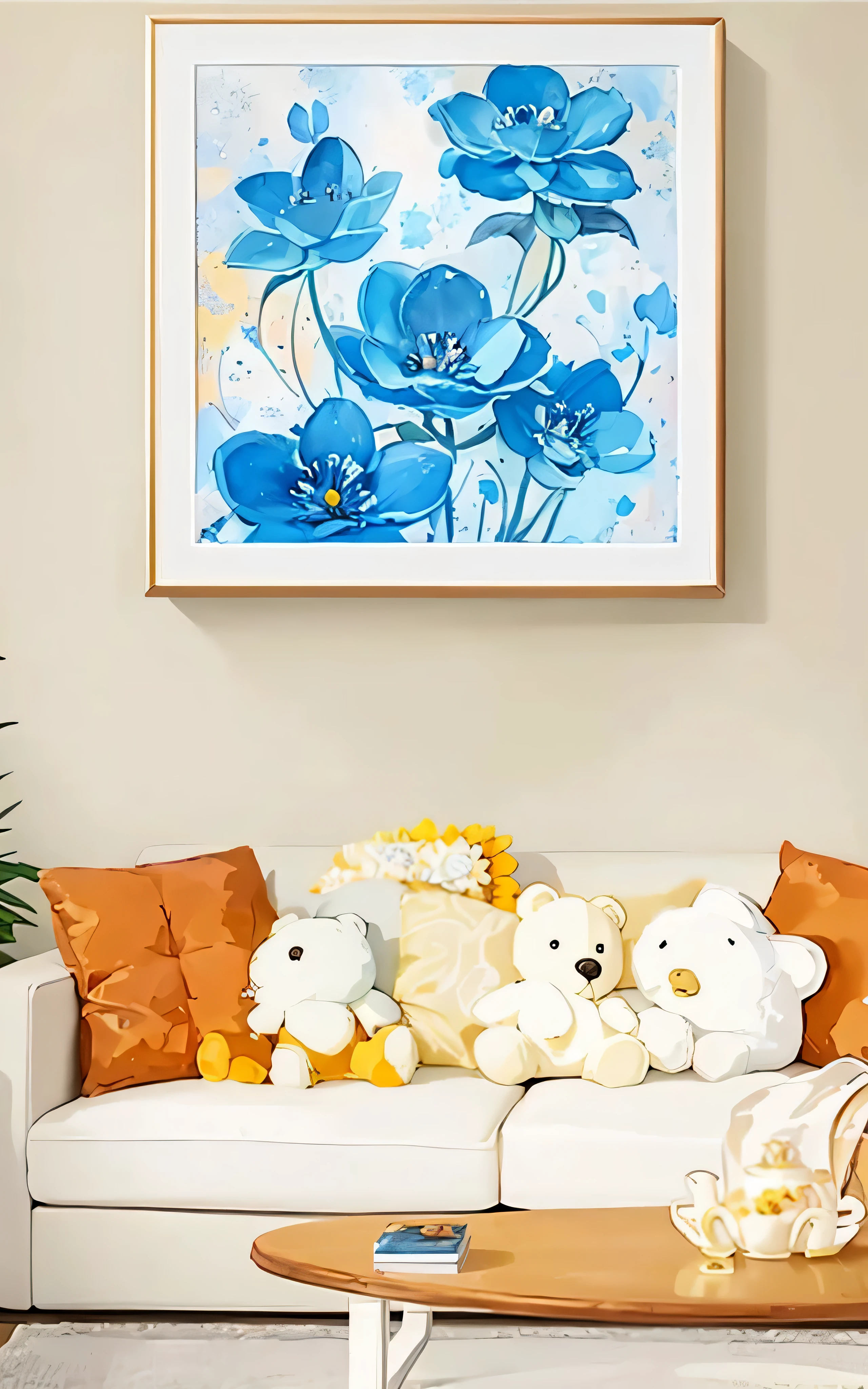 there is a couch with a teddy bear and a painting on the wall, blue flowers accents, blue flowers, canvas painting, wall art, canvas art, blue and white and gold, watercolors on canvas, paintings, acrylic art, blue accents, placed in a living room, painting for a wall, framed art, painting style, poster colour on canvas