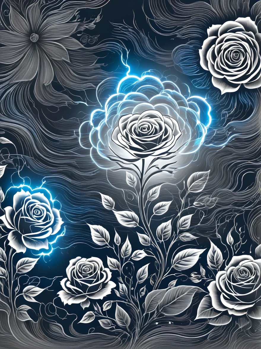 (pencil_sketch:1.2, messy lines, Grayscale, traditional media, sketch)，on dark electric background, Stylized outline of blue electric charges forming electricity (((book of man))) and roses , bioluminescence,