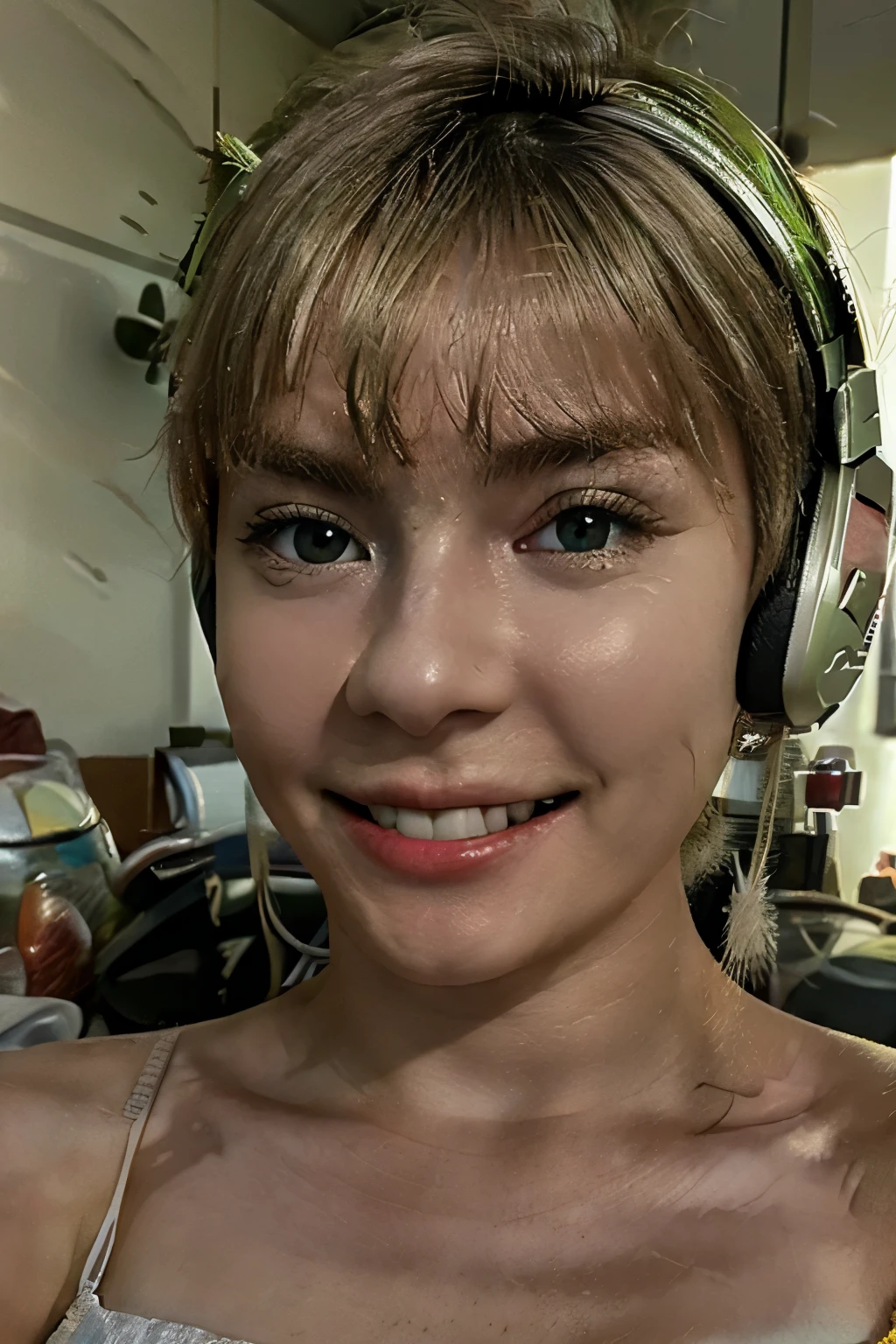 short blonde hair, small nose, green perfect eyes, big smile, perfect round face, clear skin, gaming headset, realistic, 4k, model, perfect, beatiful, european girl, 23 years old,