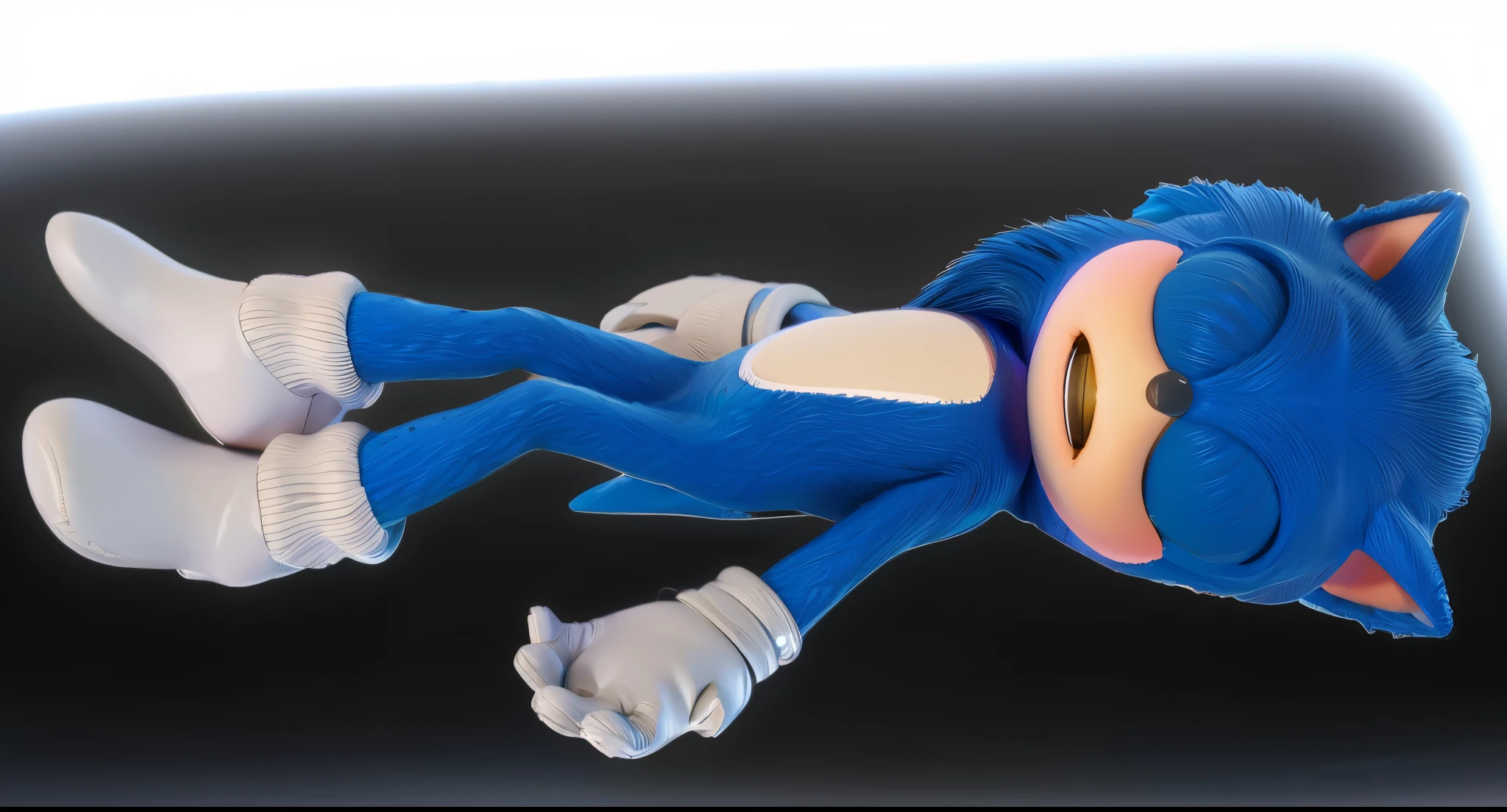 Make a Sonic , qualidade 8k, Disney, smooth 3d model, multiple light sources, rim light, sharp post effects render, (glossy texture with multiple big light probe refractions), perfect cgi, cgi art created only with gradients, smooth silhouette, high intensity refraction, (fluffy material), most beautiful vfx, black background, plastic refractions