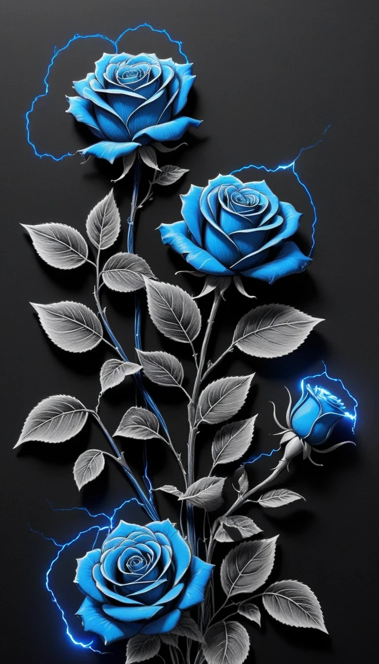 (pencil_sketch:1.2, messy lines, Grayscale, traditional media, sketch),on dark electric background, Stylized outline of blue electric charges forming electricity (((book of man))) and roses , bioluminescence,