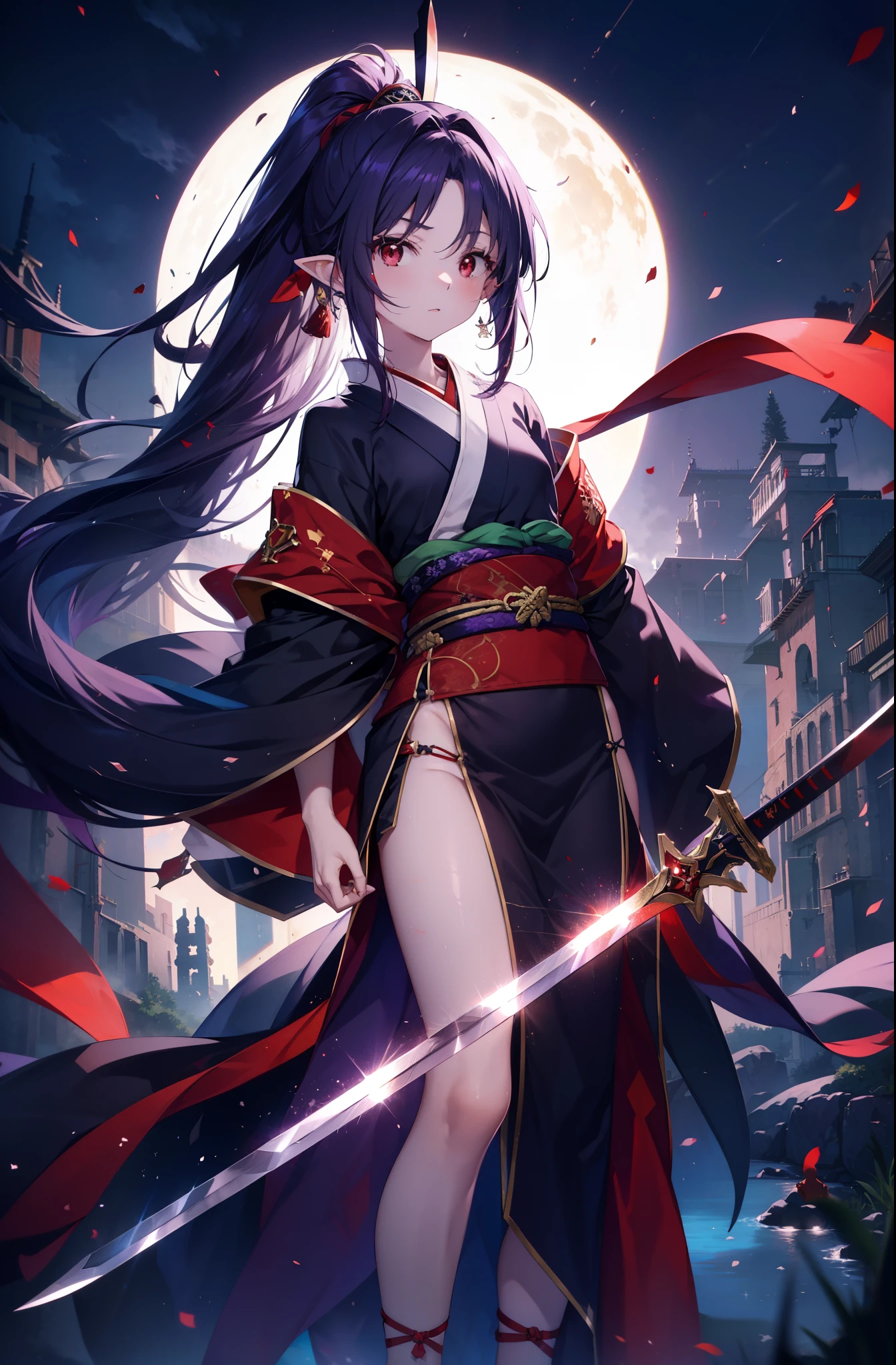 yuukikonno, Yuki Konno, hair band, long hair, pointed ears,ponytail, purple hair, (red eyes:1.5), (small breasts:1.2), open your mouth,red kimono,Purple too,white foot bag,grass sandals,Japan sword 1:1 Hold the grip in your hand,
break looking at viewer, Upper body, whole body,
break outdoors, medieval europe cityscape,
break (masterpiece:1.2), highest quality, High resolution, unity 8k wallpaper, (shape:0.8), (thin and beautiful eyes:1.6), highly detailed face, perfect lighting, Very detailed CG, (perfect hands, perfect anatomy),