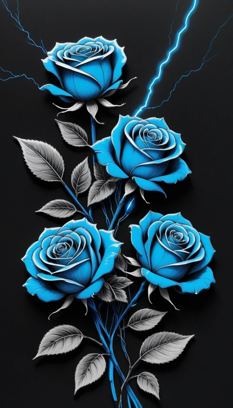 (pencil_sketch:1.2, messy lines, Grayscale, traditional media, sketch),on dark electric background, Stylized outline of blue electric charges forming electricity (((book of man))) and roses , bioluminescence,