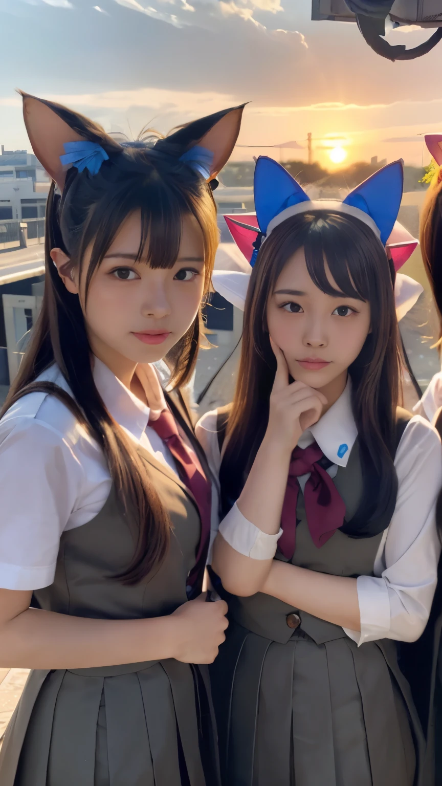 masterpiece, 4k, (multiple girls, harem, group picture:1.4), Beautiful high school girl, (Japanese idle:1.6), harem, (cat ears:1.4), school uniform, sundown, train station, close up,