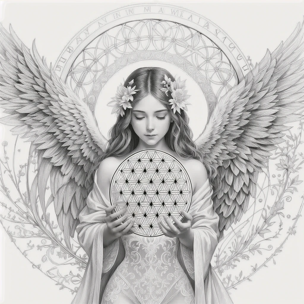 a black and white drawing of an angel holding a flower of life, goddess. very detailed, divine woman, pure like an angel, etheric angelic light beings, Mystical purity, goddess art, extremely detailed goddess shot, goddess of love and peace, goddess portrait, flower of life, Official illustration, anna dittman, arcane art, Alena Aemani Digital Art,Display images of sacred geometry patterns more clearly and in detail。