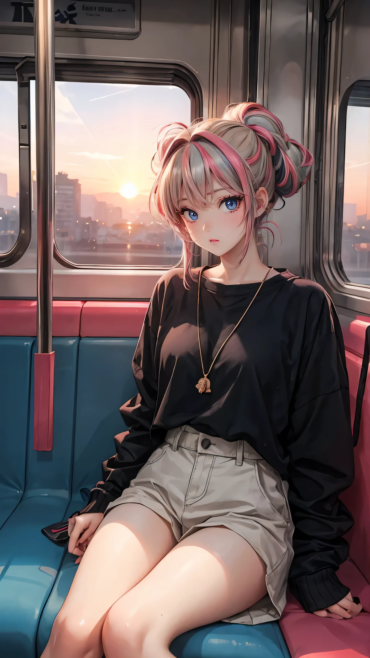 (best quality, masterpiece:1.2), Masterpiece, high Quality, girl, hair tied up, hair with colorful highlights, exposed skin in a sexy way, big clothes, baggy clothes, comfortable clothes, indoors, night, sunset, train interior, distractedly fiddling with something,symetric background,aesthetic train interior,OVA,retro anime,retro artstyle,80s anime,eizin suzuki,