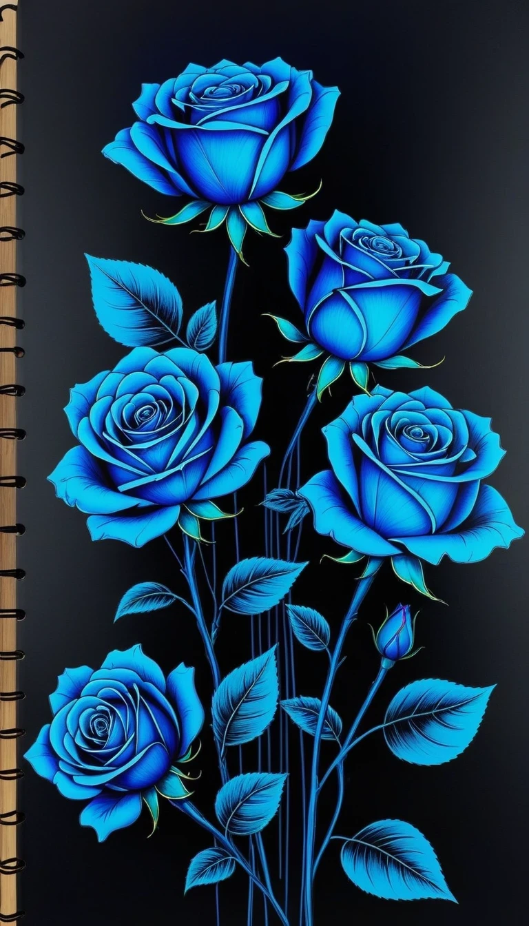(pencil_sketch:1.2, messy lines, Grayscale, traditional media, sketch)，on dark electric background, Stylized outline of blue electric charges forming electricity (((book of man))) and roses , bioluminescence,