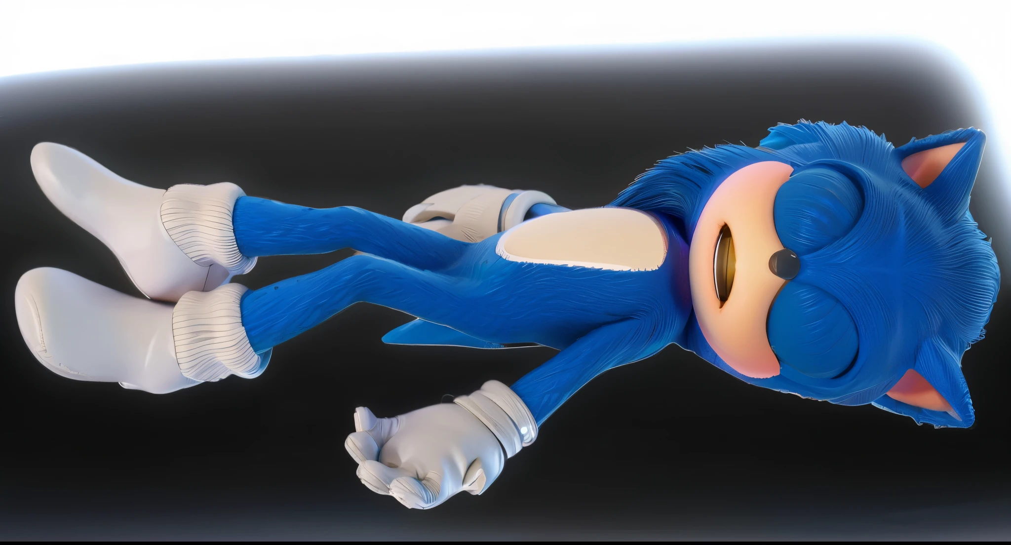 Make a Sonic , qualidade 8k, Disney, smooth 3d model, multiple light sources, rim light, sharp post effects render, (glossy texture with multiple big light probe refractions), perfect cgi, cgi art created only with gradients, smooth silhouette, high intensity refraction, (fluffy material), most beautiful vfx, black background, plastic refractions