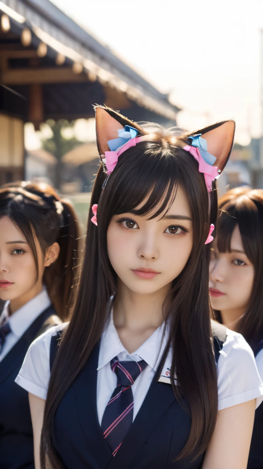 masterpiece, 4k, (multiple girls, harem, group picture:1.4), Beautiful high school girl, (Japanese idle:1.6), harem, (cat ears:1.4), school uniform, sundown, train station, close up,