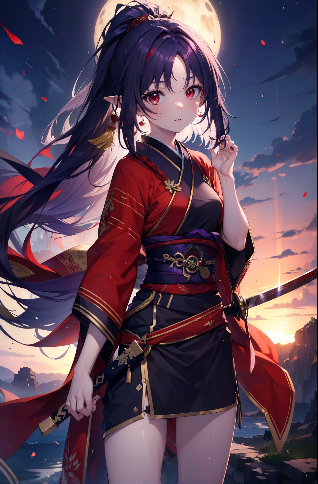 yuukikonno, Yuki Konno, hair band, long hair, pointed ears,ponytail, purple hair, (red eyes:1.5), (small breasts:1.2), open your mouth,red kimono,Purple too,white foot bag,grass sandals,Japan sword 1:1 Hold the grip in your hand,
break looking at viewer, Upper body, whole body,
break outdoors, medieval europe cityscape,
break (masterpiece:1.2), highest quality, High resolution, unity 8k wallpaper, (shape:0.8), (thin and beautiful eyes:1.6), highly detailed face, perfect lighting, Very detailed CG, (perfect hands, perfect anatomy),